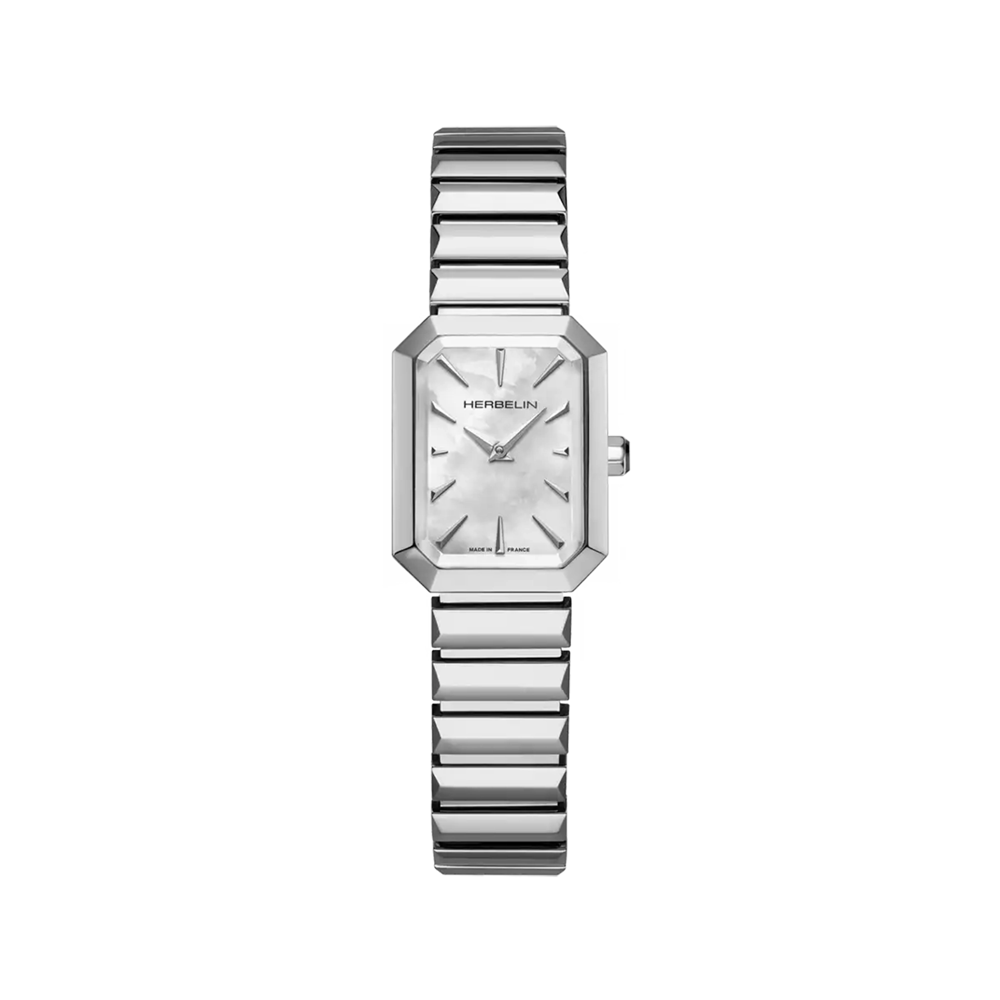 Octogône, cadran nacre blanche, boîtier rectangle acier, bracelet acier