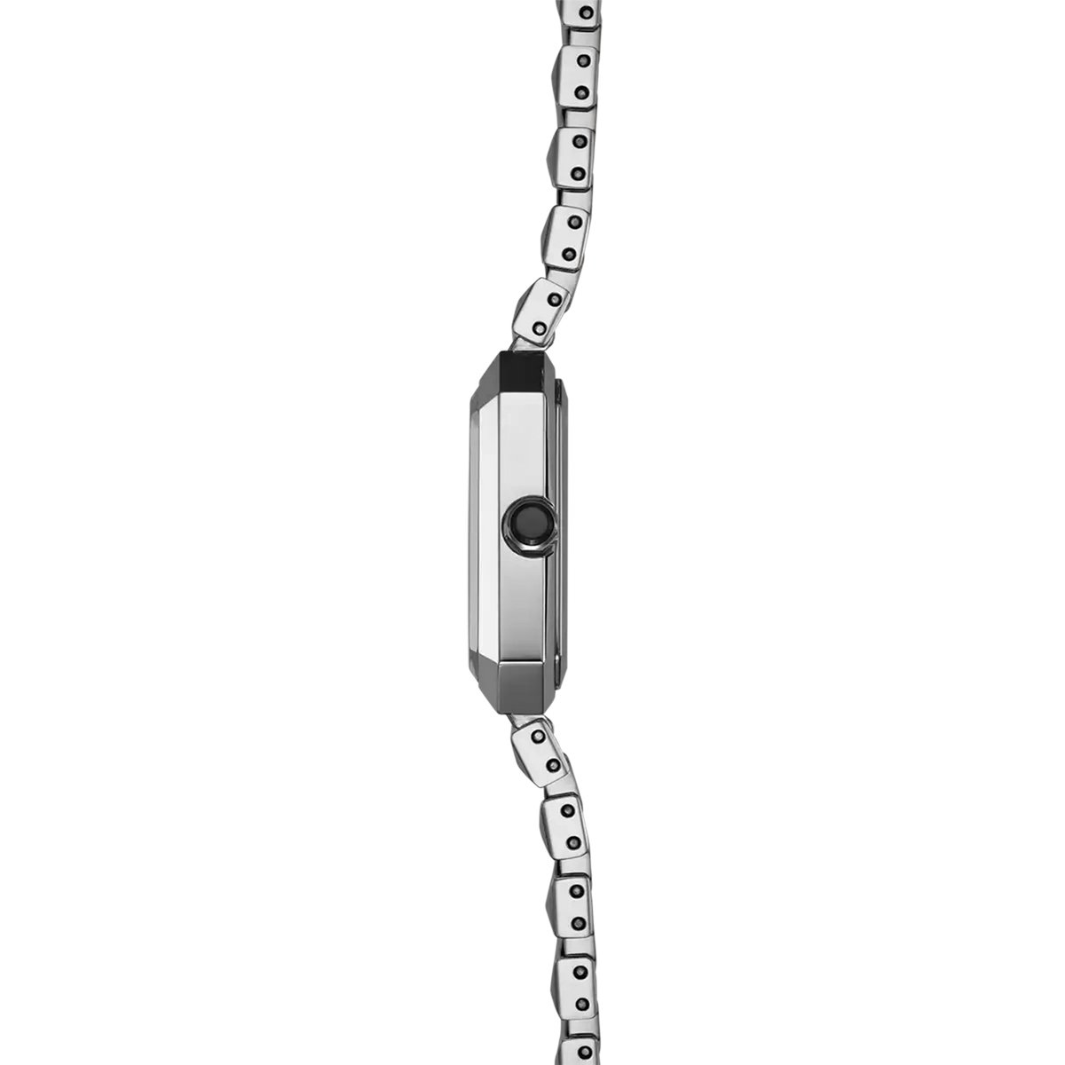 ⁣⁢Vista de perfil, canto de acero, corona y asas del brazalete de acero⁤⁣