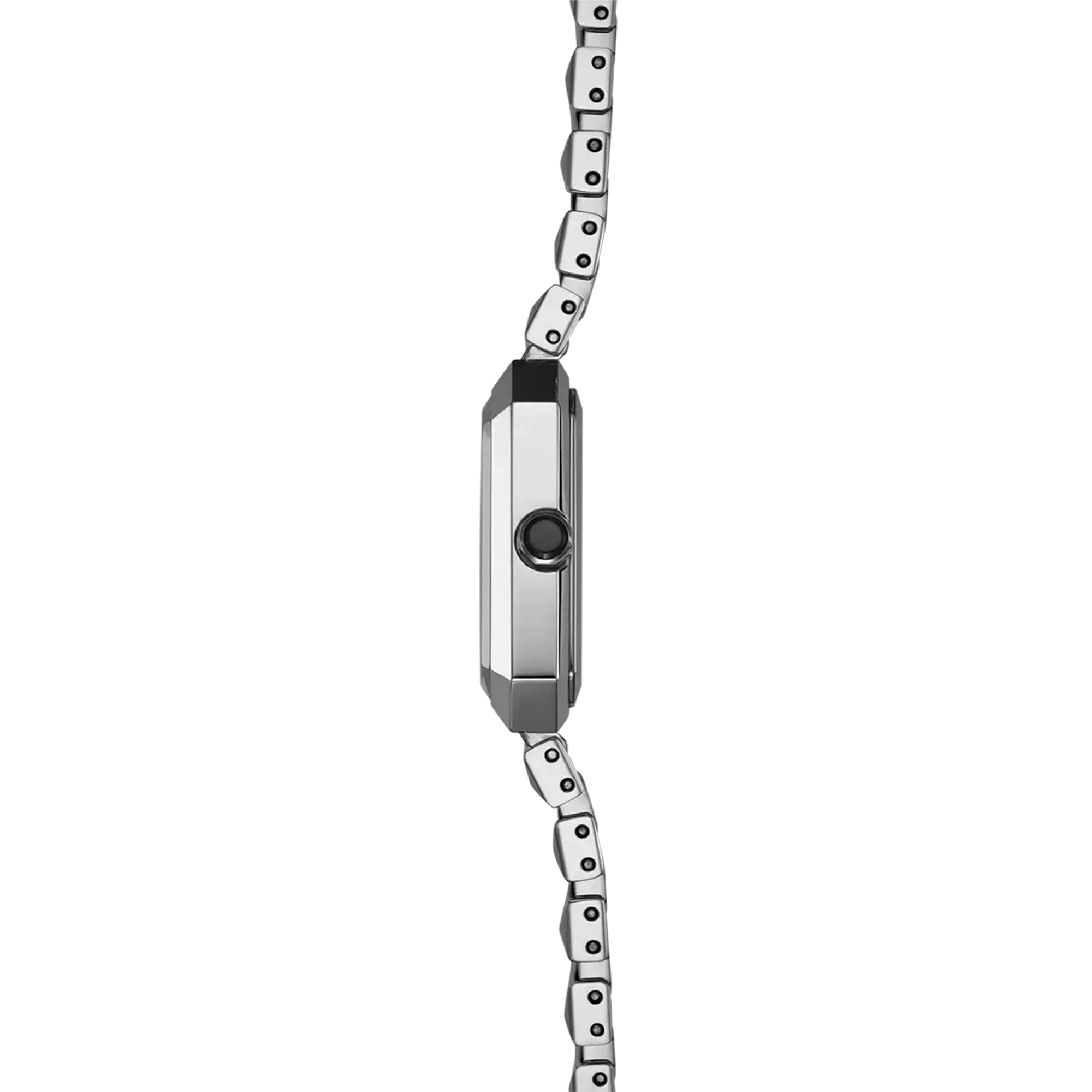 Vue de profil, tranche acier, couronne et attaches du bracelet acier