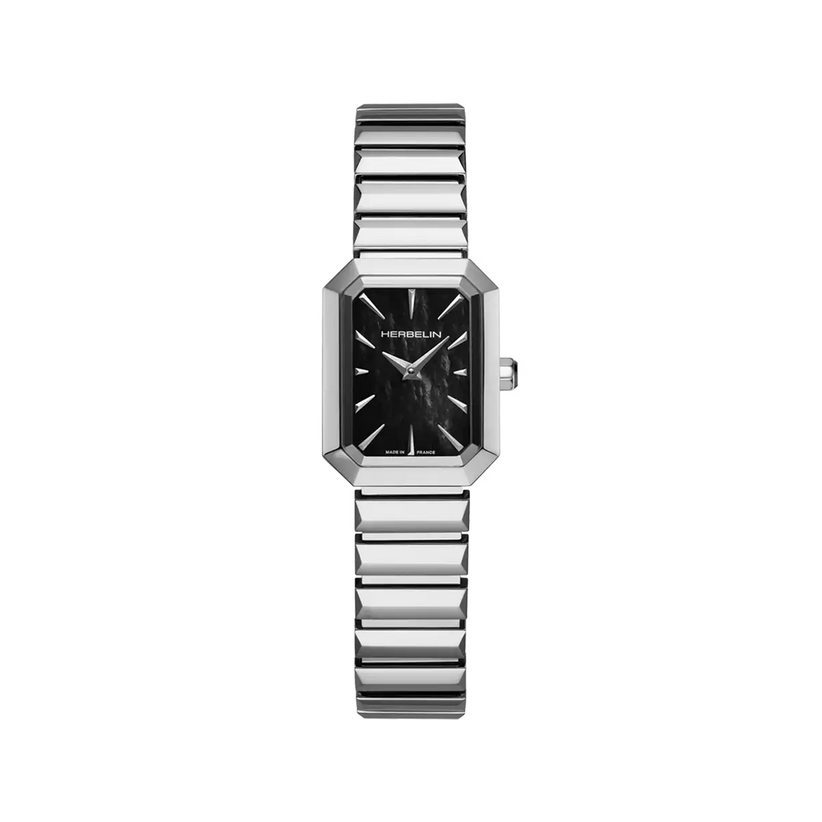 ⁣⁢Octogône, esfera de nácar negro, caja rectangular de acero, brazalete de acero⁤⁣