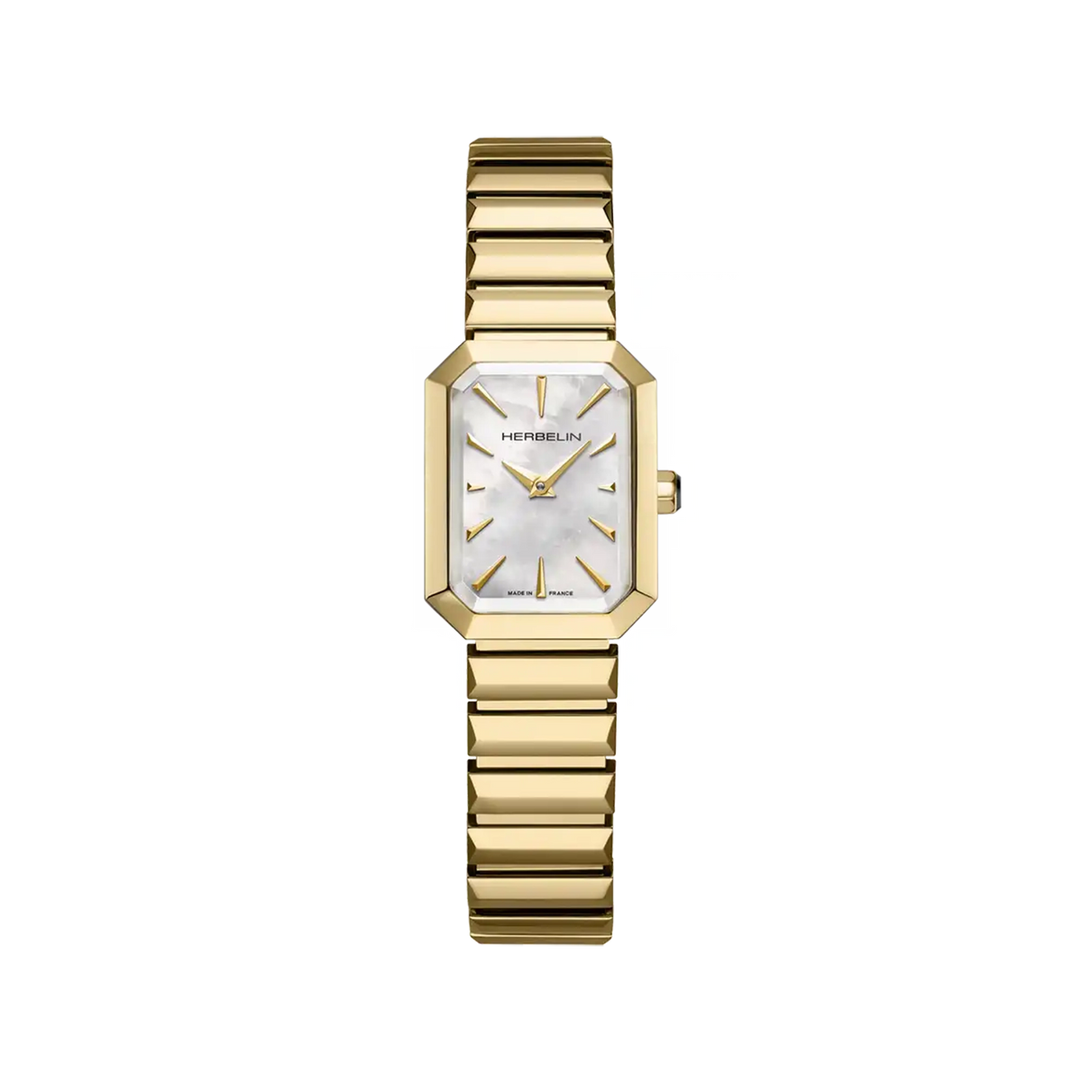 ⁣⁢Octogône, esfera de nácar blanco, caja rectangular de acero PVD oro amarillo, brazalete de acero bicolor⁤⁣