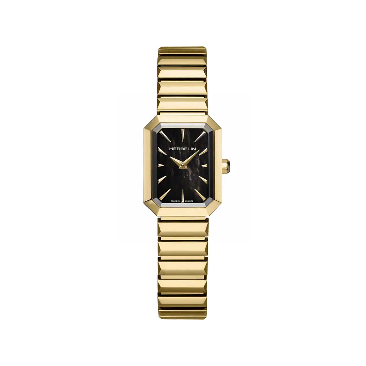 ⁣⁢Octogône, esfera de nácar negro, caja rectangular de acero PVD oro amarillo, brazalete de acero bicolor⁤⁣