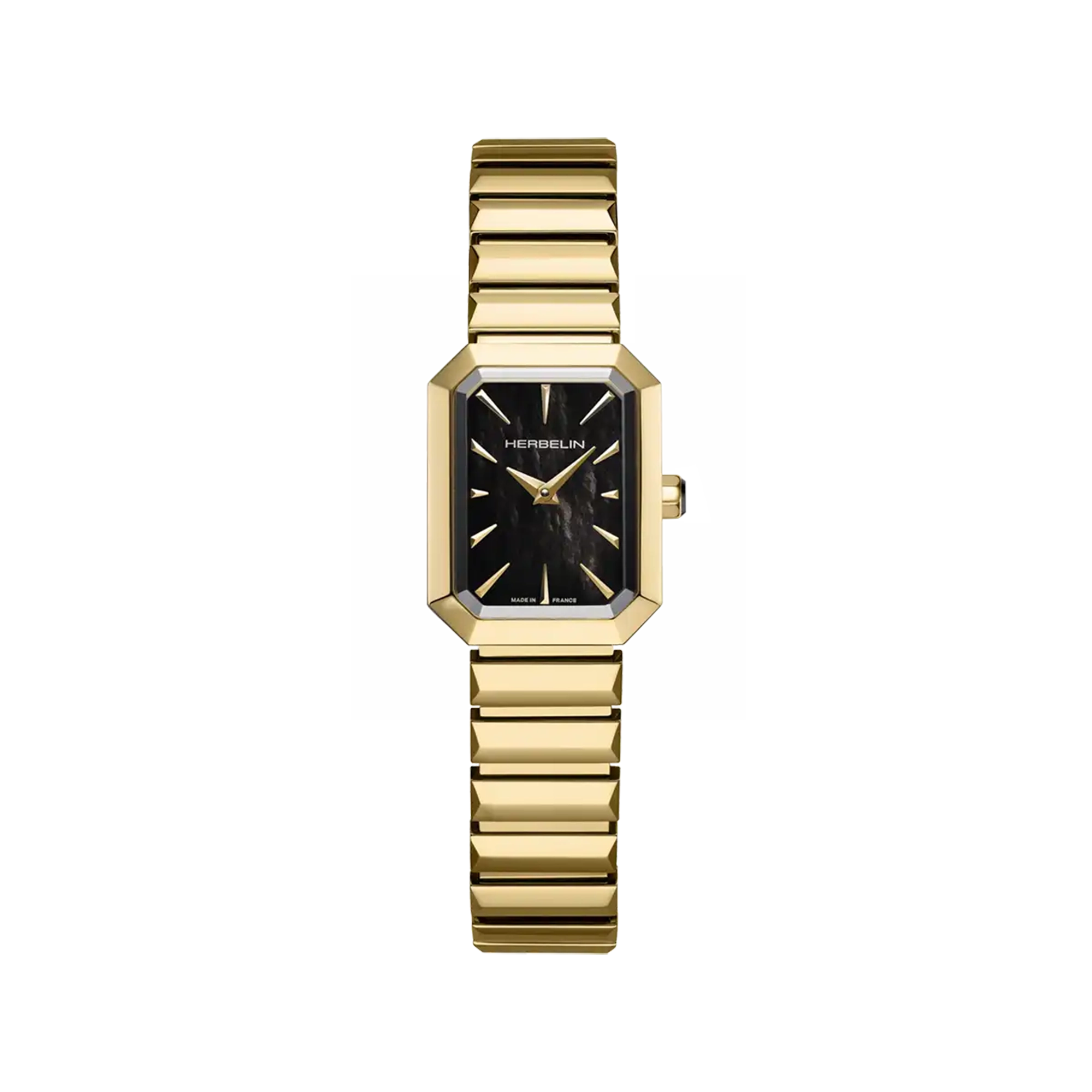 Octogône, cadran nacre noire, boîtier rectangle acier PVD or jaune, bracelet acier bicolore