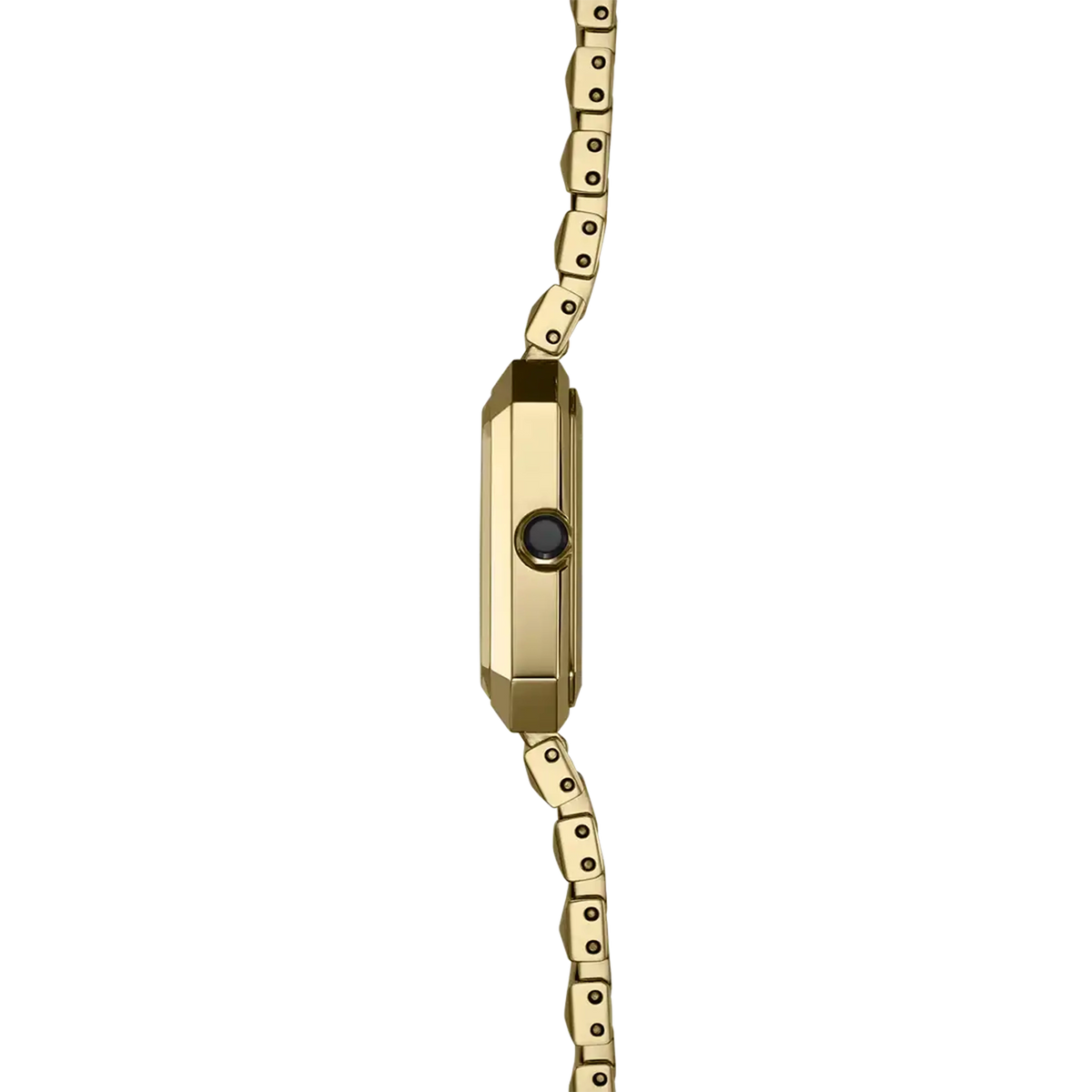 ⁣⁢Vista de perfil, canto de acero PVD oro amarillo, corona y asas del brazalete de acero bicolor⁤⁣