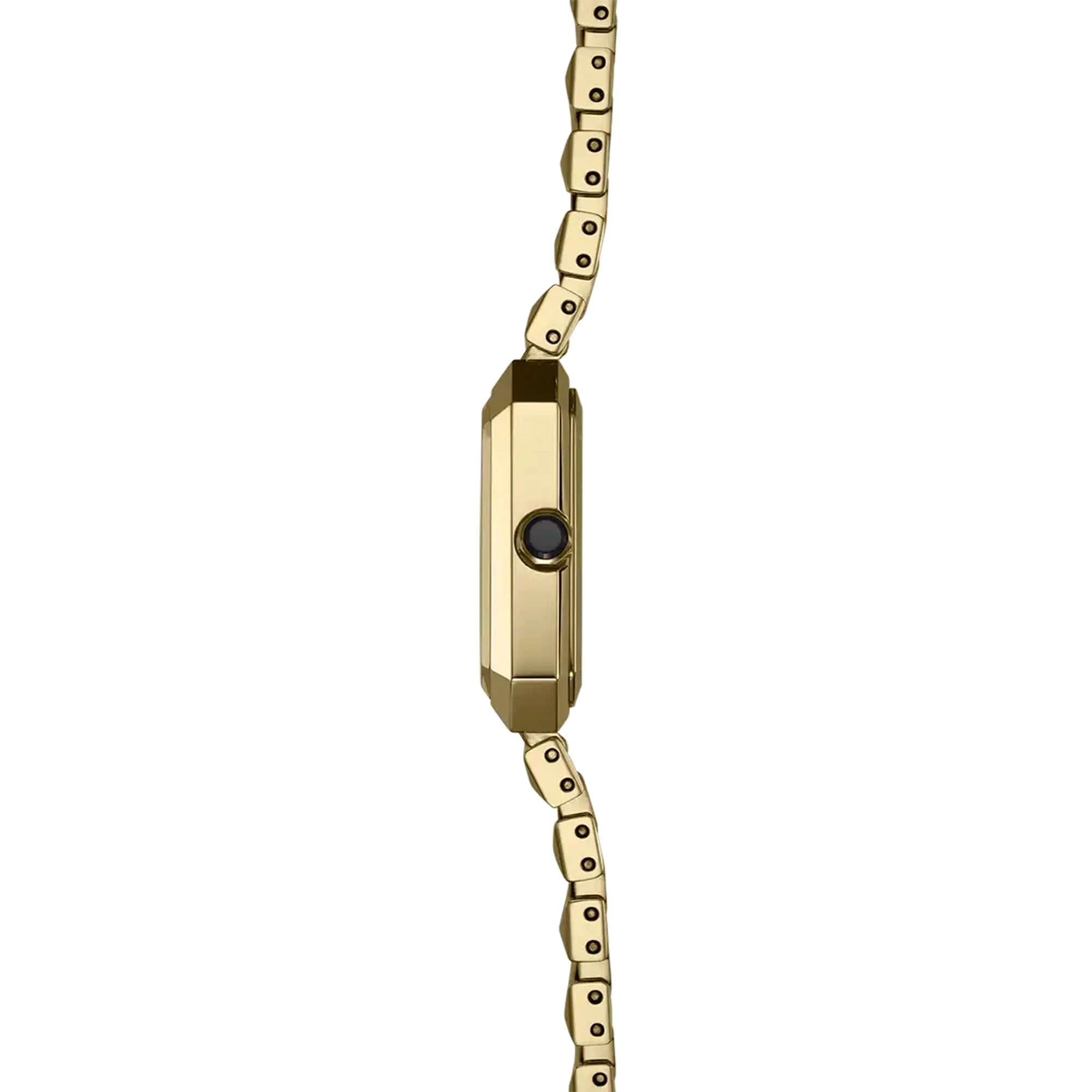 Vue de profil, tranche acier PVD or jaune, couronne et attaches du bracelet acier bicolore