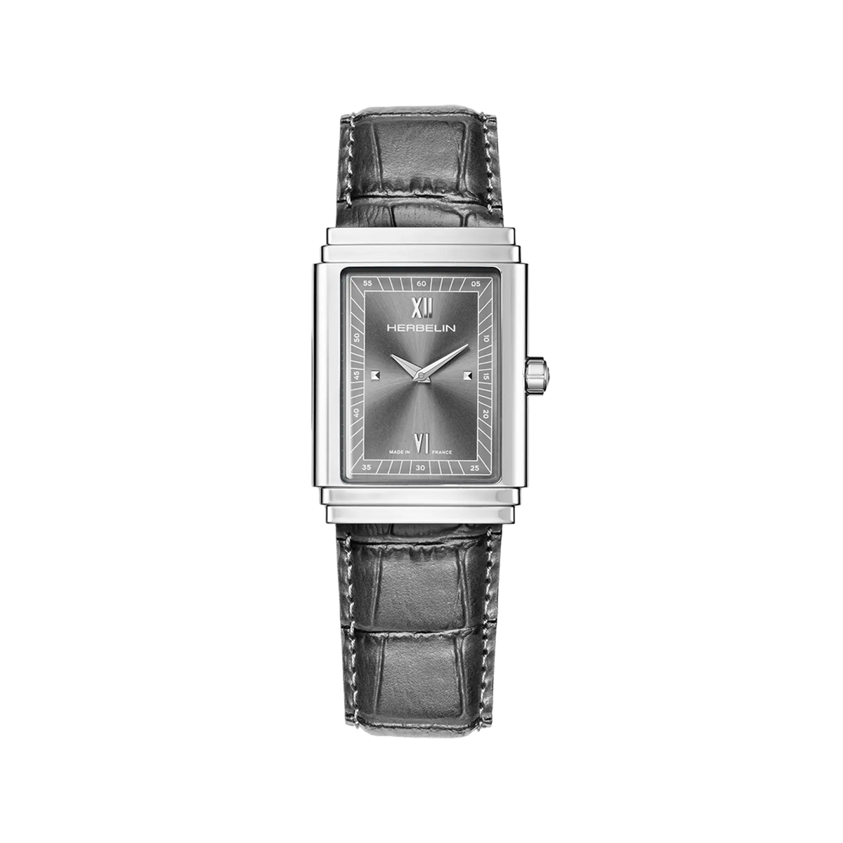 ⁣⁢Art Déco, anthracite dial, steel rectangular case, leather strap⁤⁣