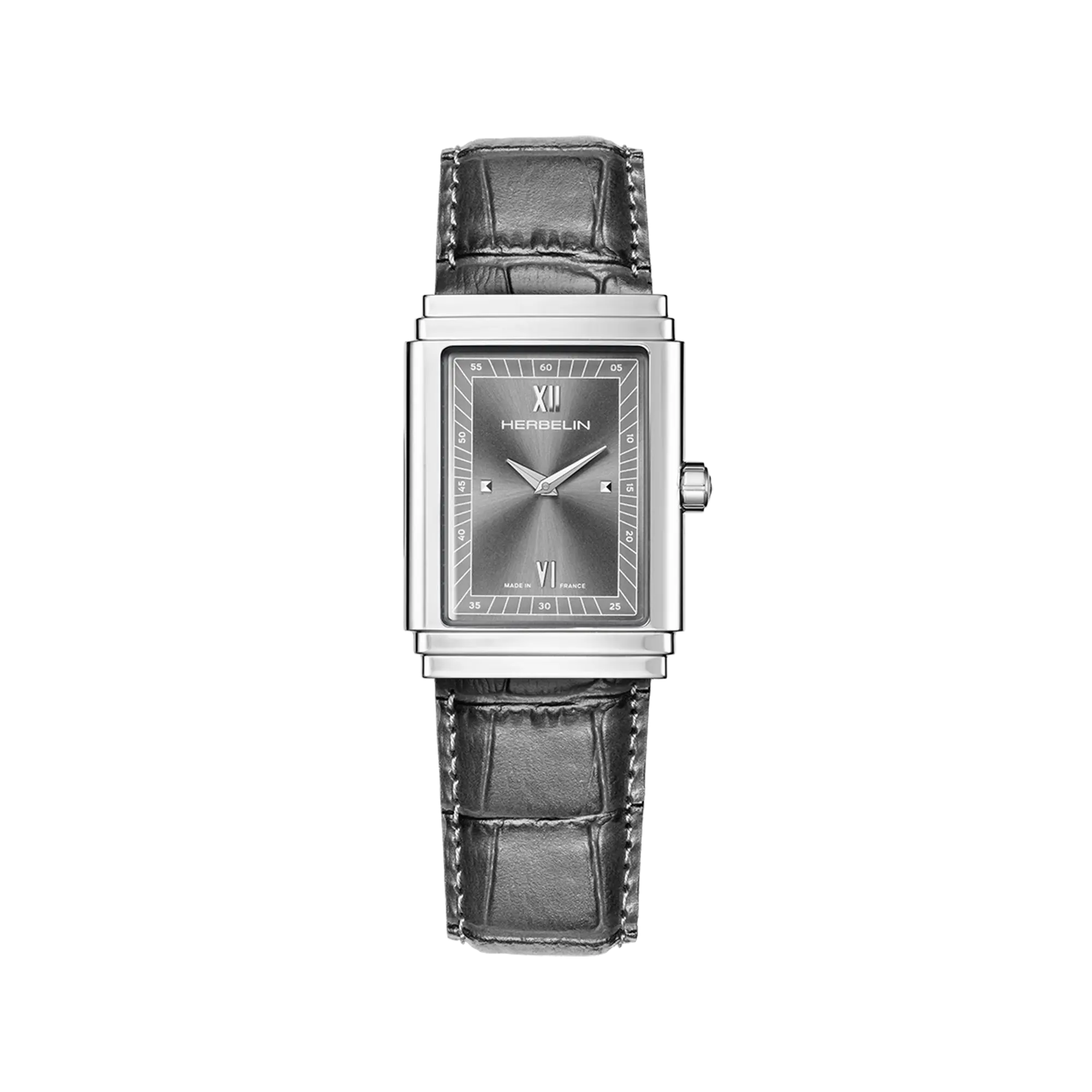 Art Déco, cadran anthracite, boîtier rectangle acier, bracelet cuir