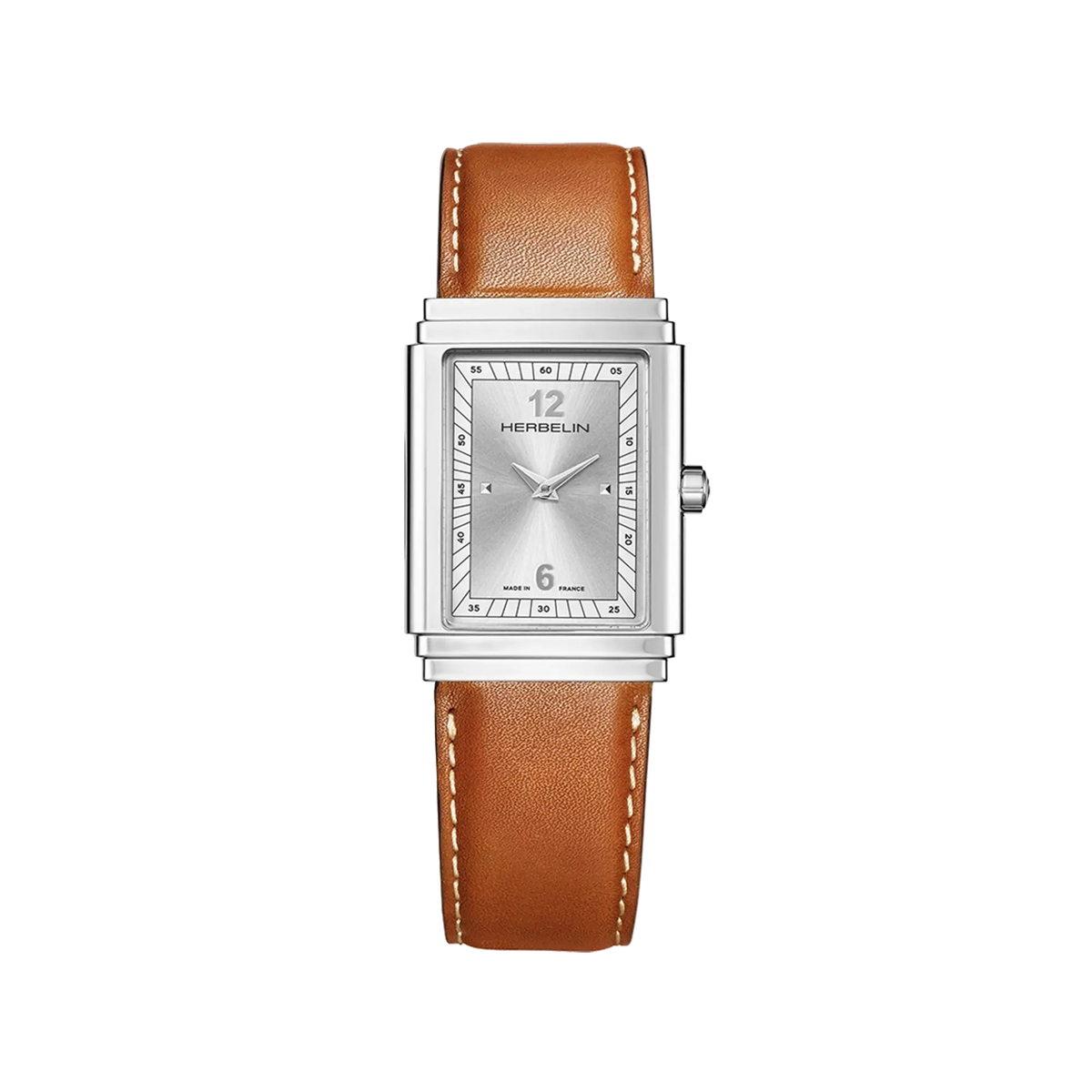⁣⁢Art Déco, silver-white dial, steel rectangular case, leather strap⁤⁣