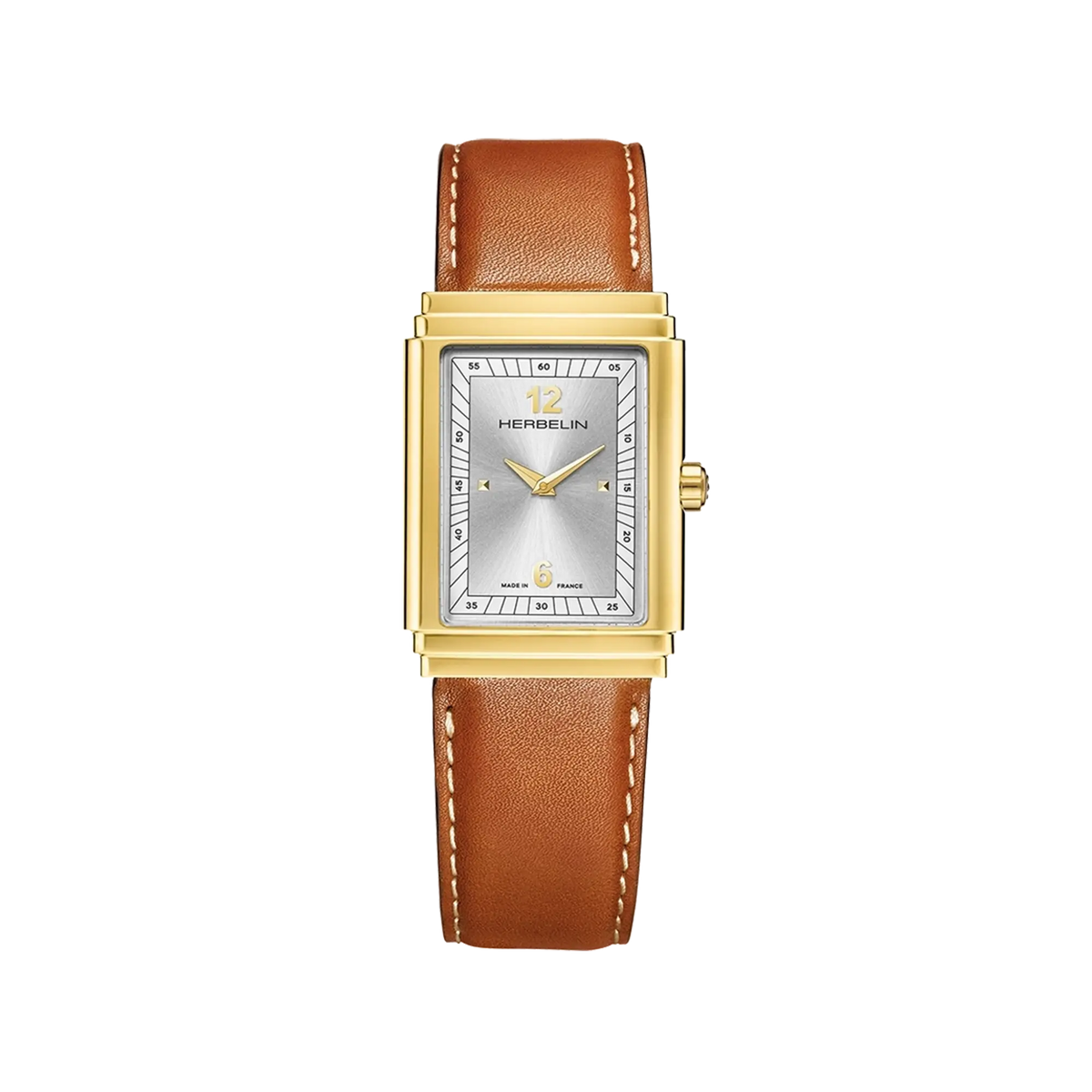 ⁣⁢Art Déco, silver-white dial, rectangular steel case with yellow gold PVD, leather strap⁤⁣