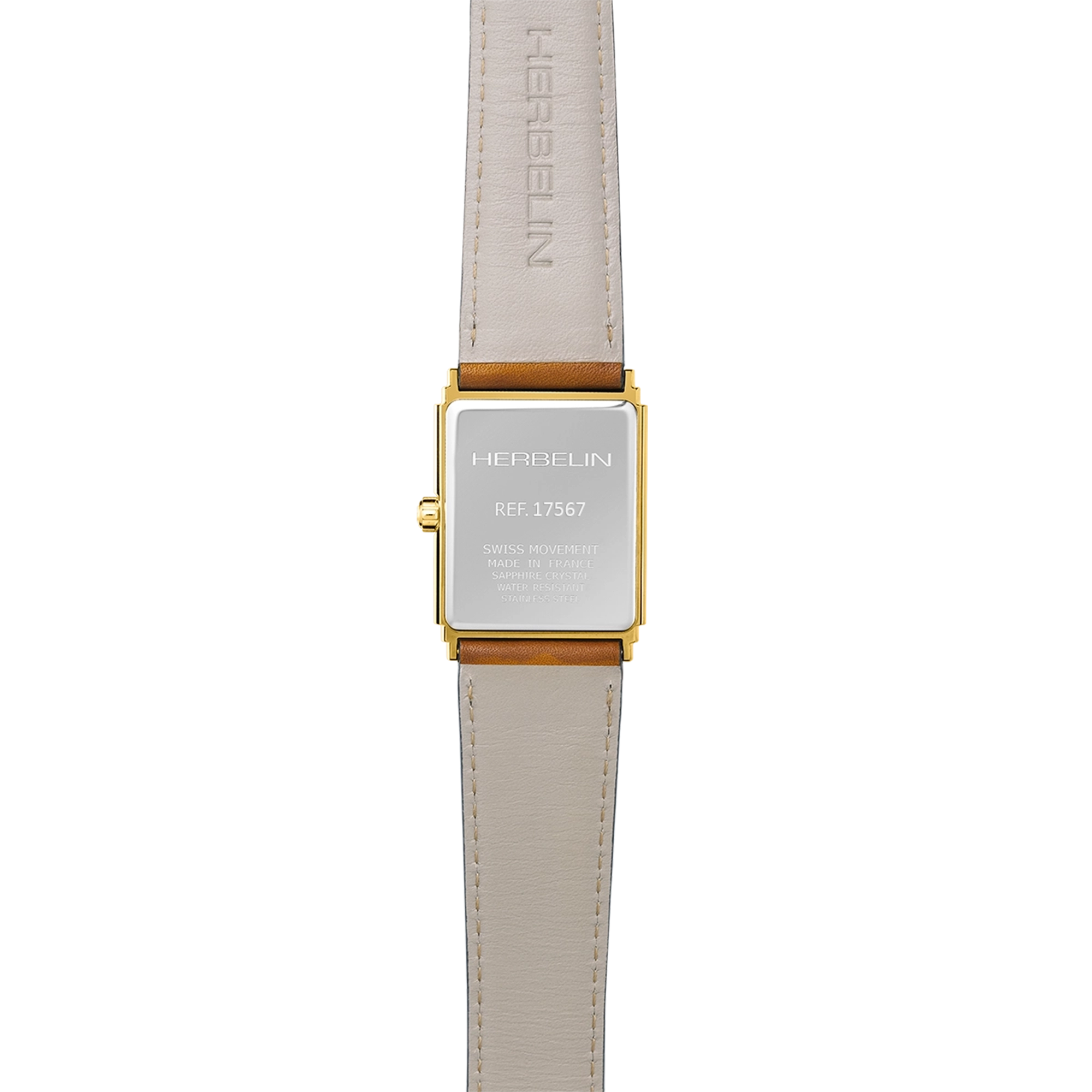 ⁣⁢Bagside af Art Déco, stål bagkasse med gult guld PVD og indgravering af modellen⁤⁣