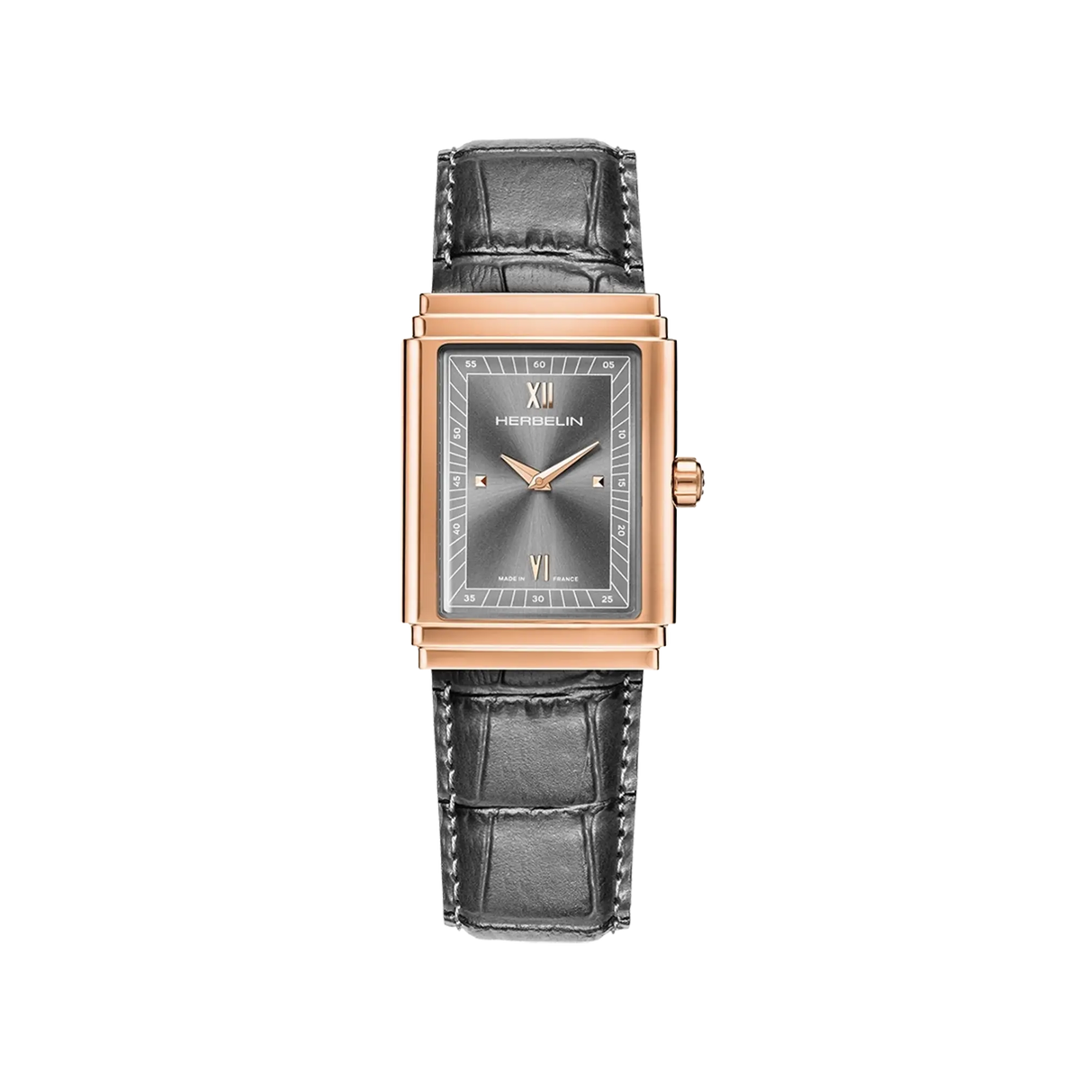 ⁣⁢Art Déco, anthracite dial, rose gold PVD steel rectangular case, leather strap⁤⁣