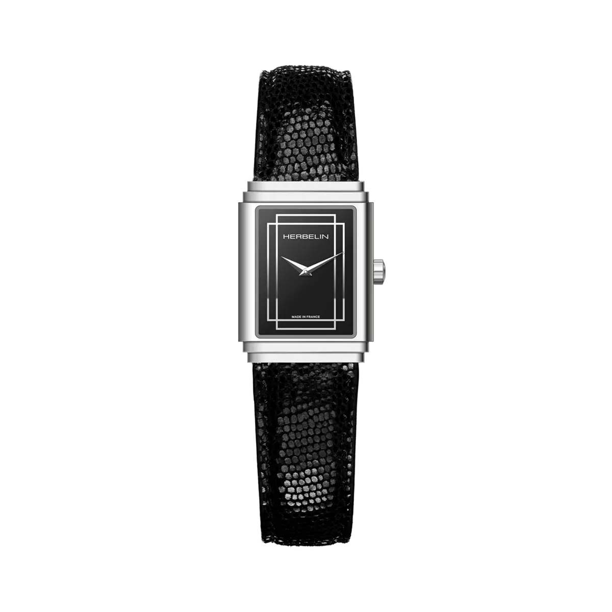 ⁣⁢Art Déco, esfera lacada en negro, caja rectangular de acero, brazalete de piel⁤⁣