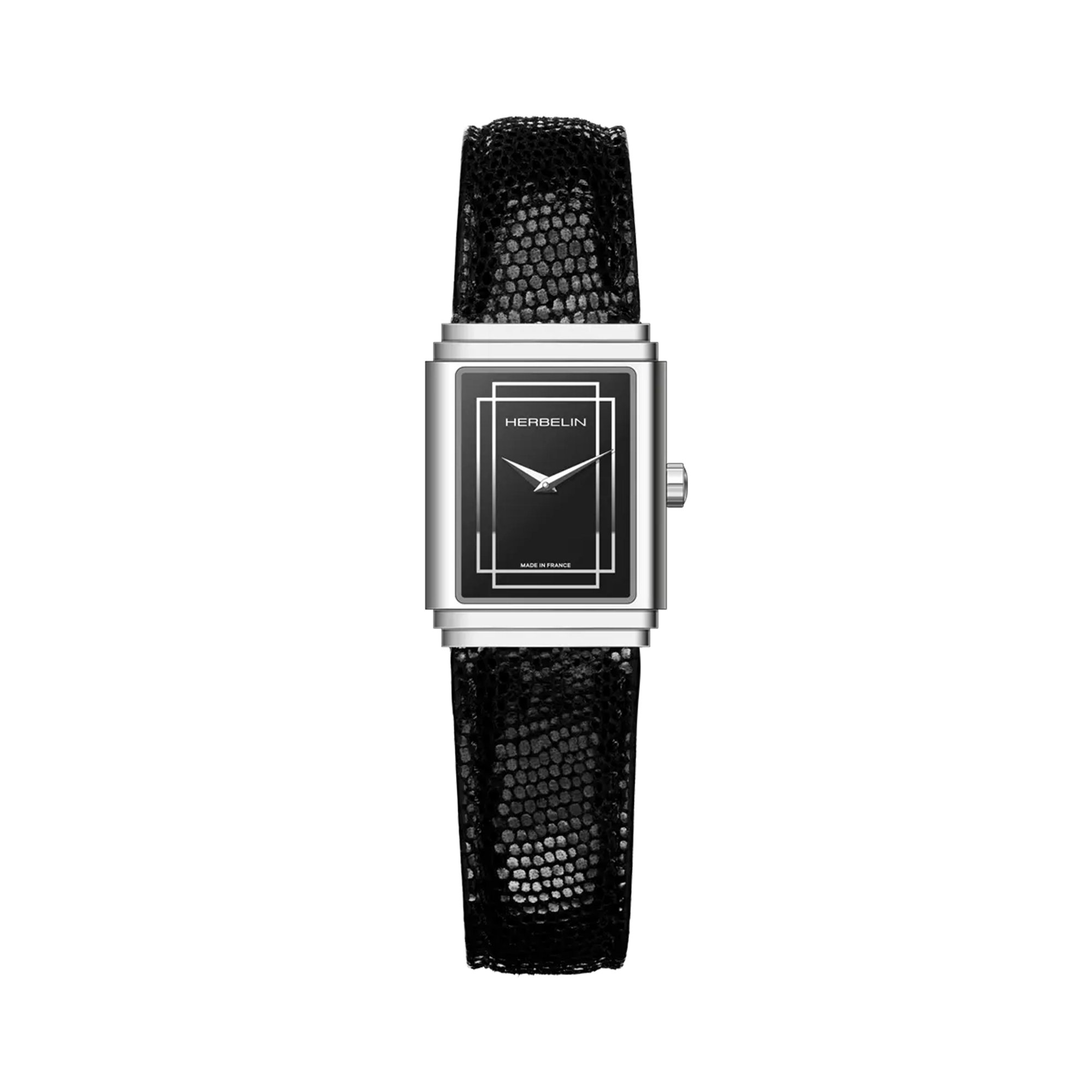 Art Déco, cadran laqué noir, boîtier rectangle acier, bracelet cuir