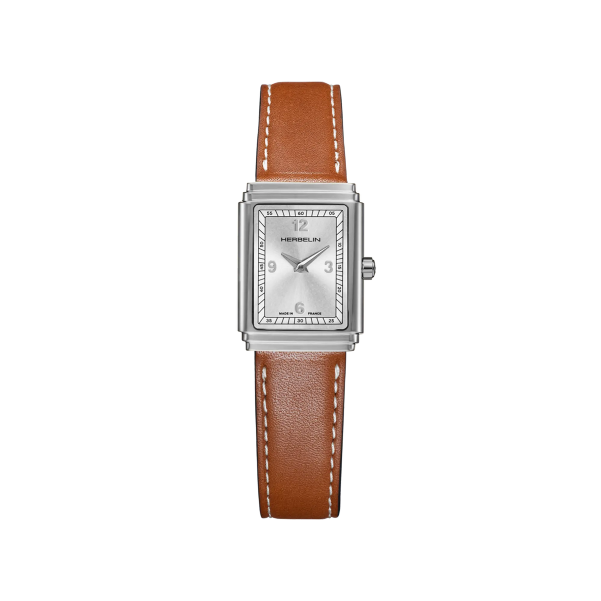 ⁣⁢Art Déco, esfera plateada, caja rectangular de acero, brazalete de piel⁤⁣
