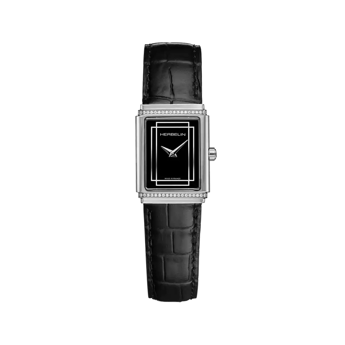 ⁣⁢Art Déco, esfera lacada en negro, caja rectangular de acero, brazalete de piel⁤⁣