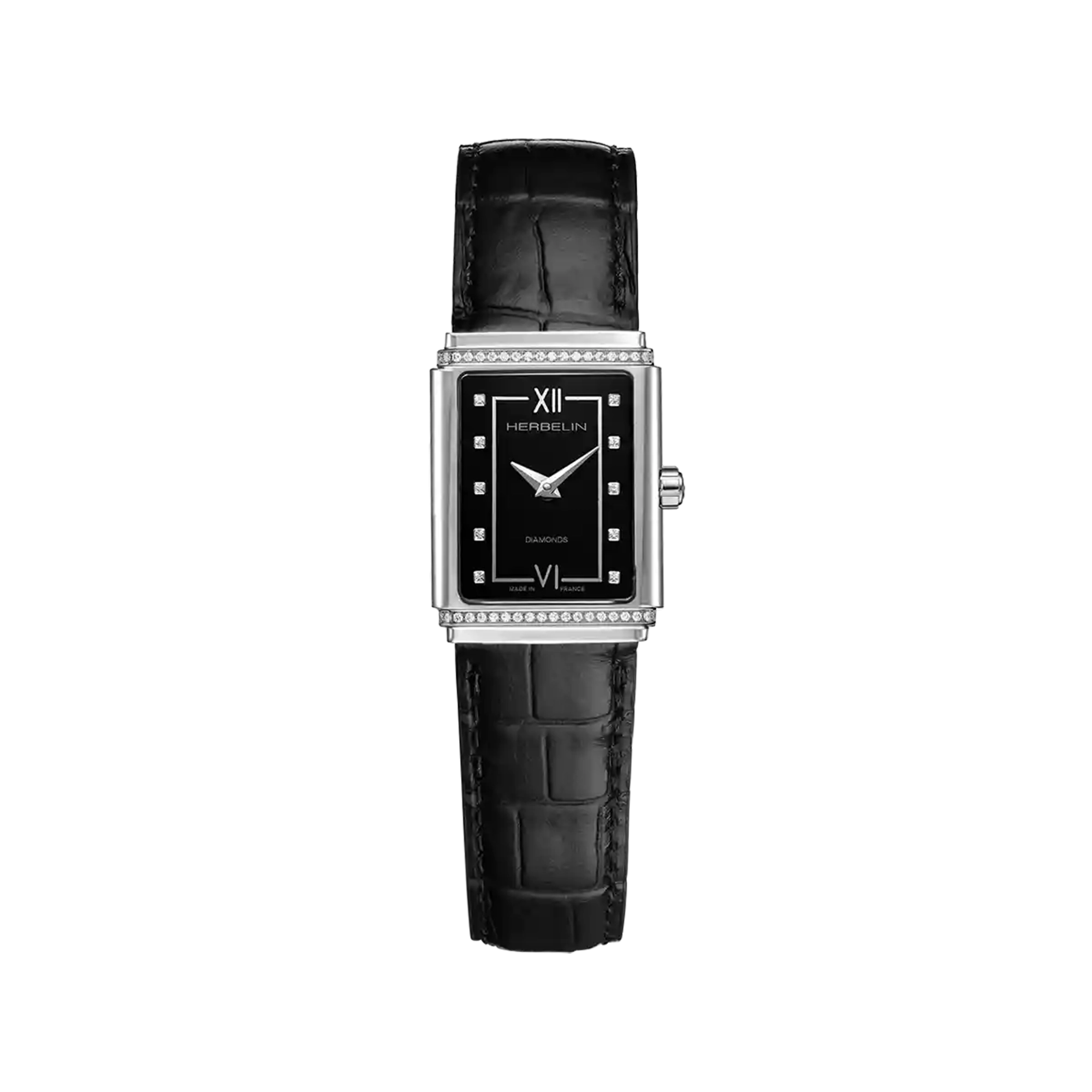 Art Déco, cadran diamants, boîtier rectangle acier, bracelet cuir