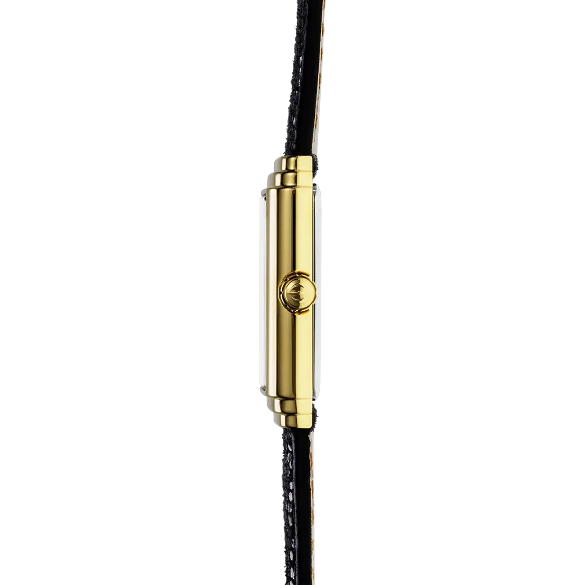 Vue de profil, tranche acier PVD or jaune, couronne et attaches du bracelet cuir