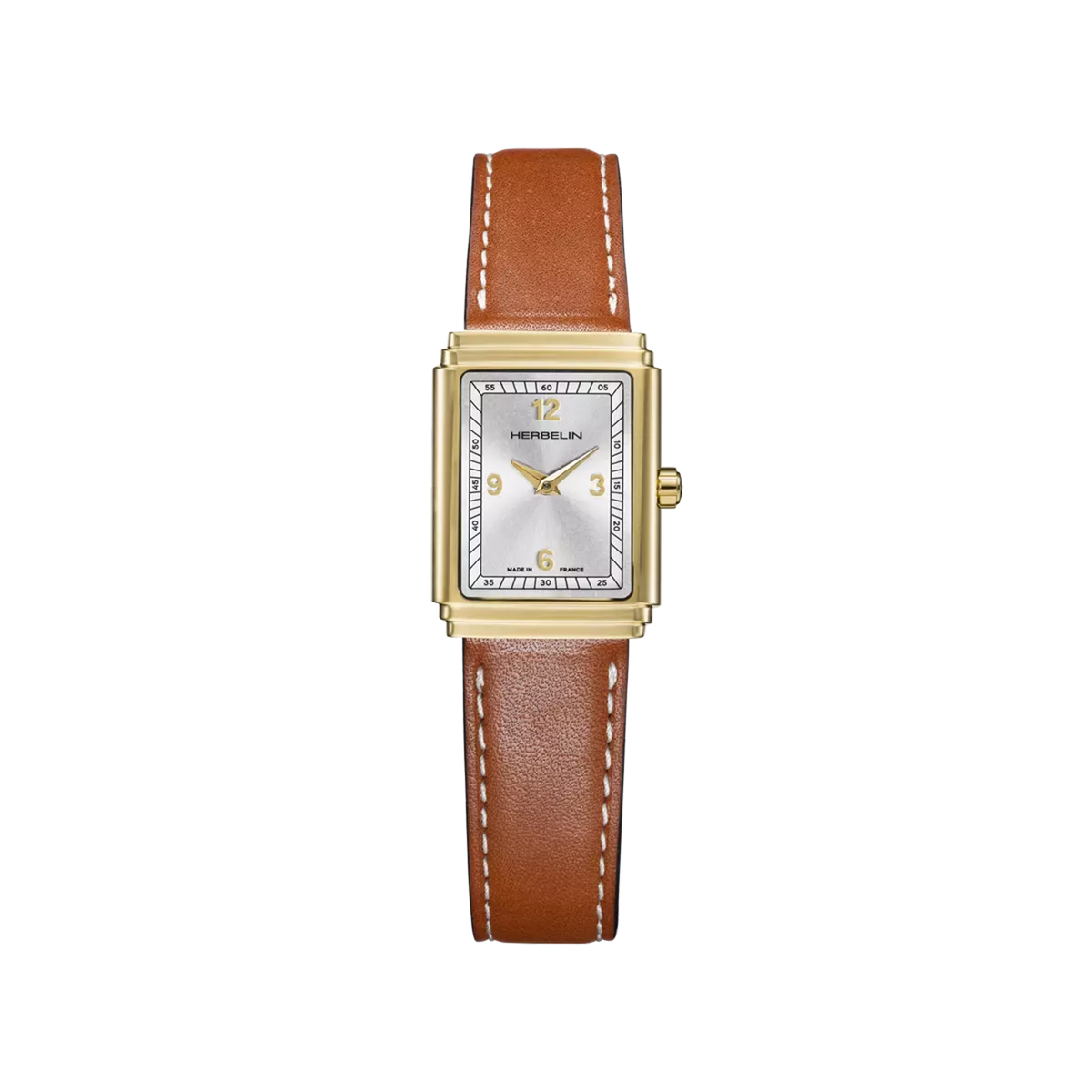 ⁣⁢Art Déco, esfera plateada, caja rectangular de acero PVD oro amarillo, brazalete de piel⁤⁣