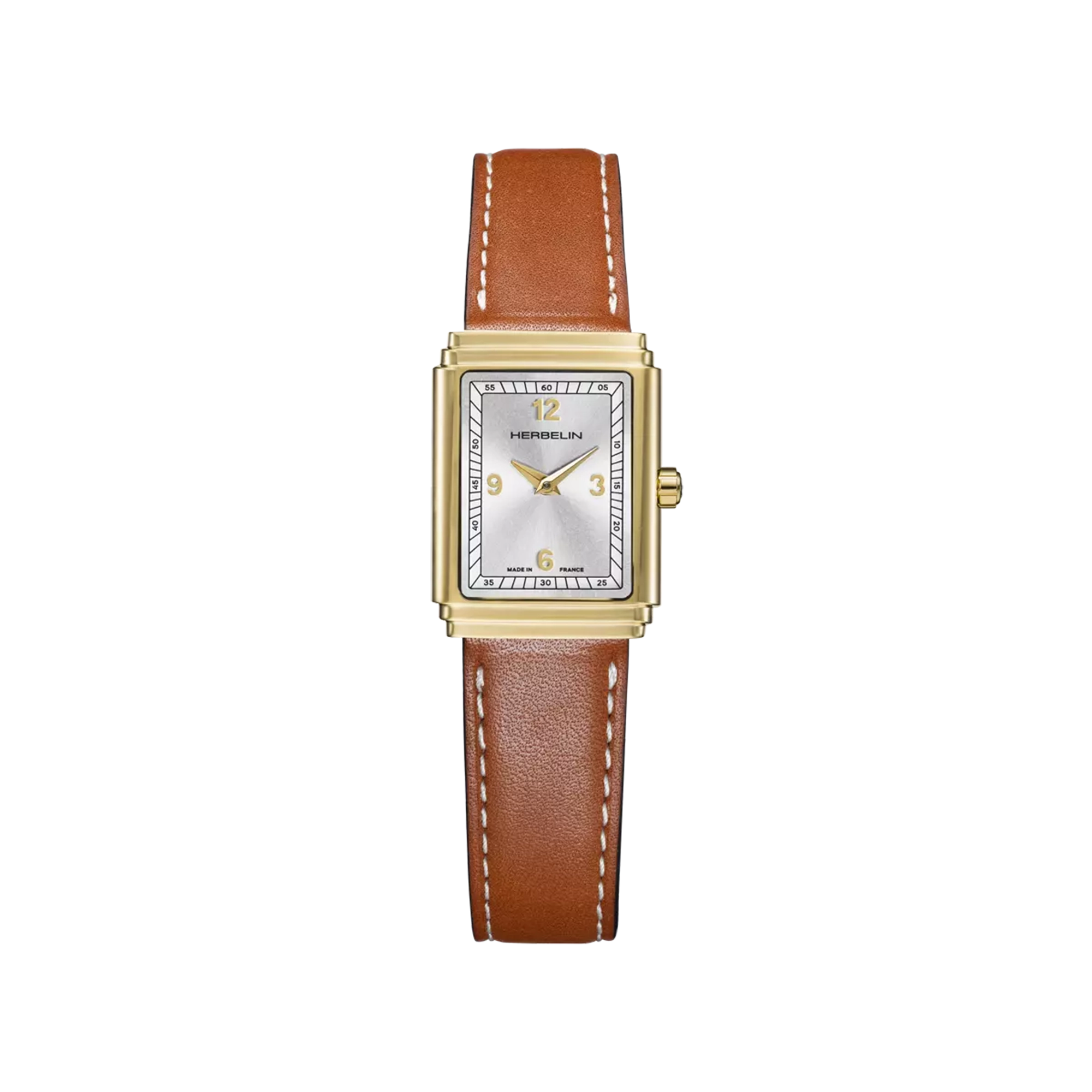 Art Déco, cadran argent, boîtier rectangle acier PVD or jaune, bracelet cuir