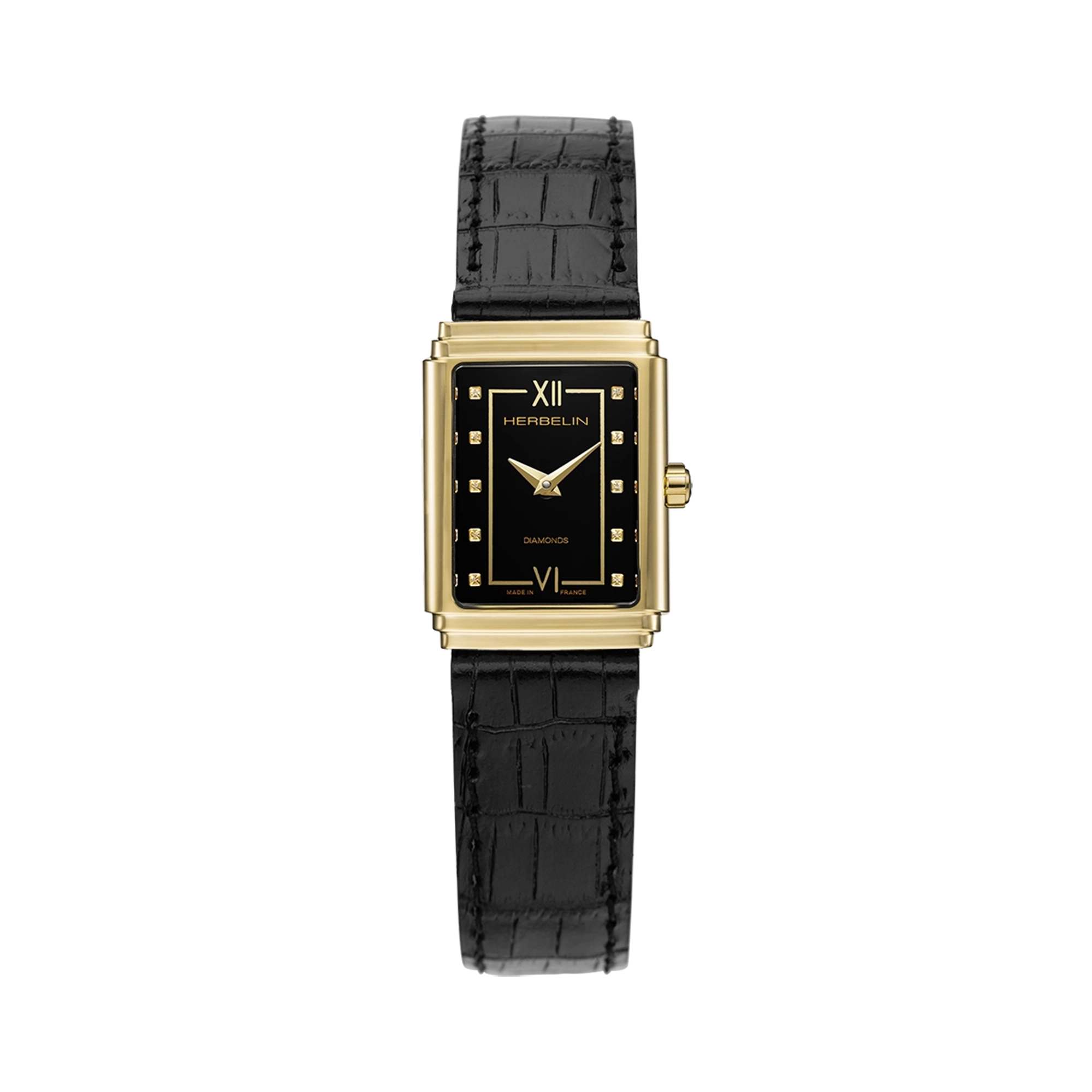 Art Déco, cadran laqué noir, boîtier rectangle acier PVD or jaune, bracelet cuir