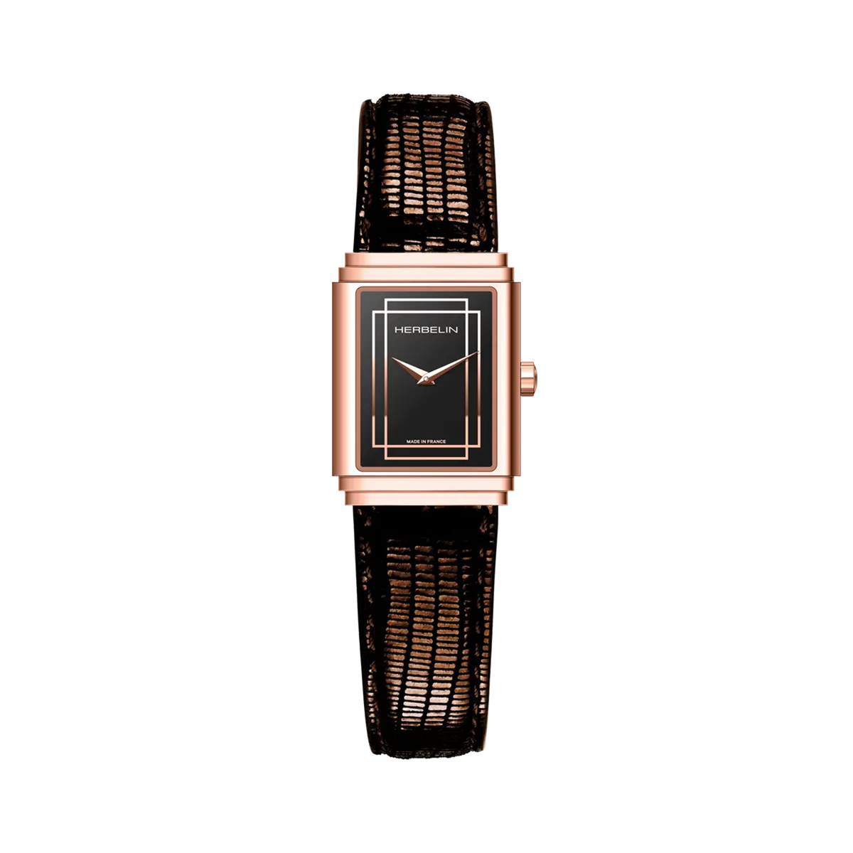 ⁣⁢Art Déco, esfera lacada en negro, caja rectangular de acero PVD oro rosa, brazalete de piel⁤⁣