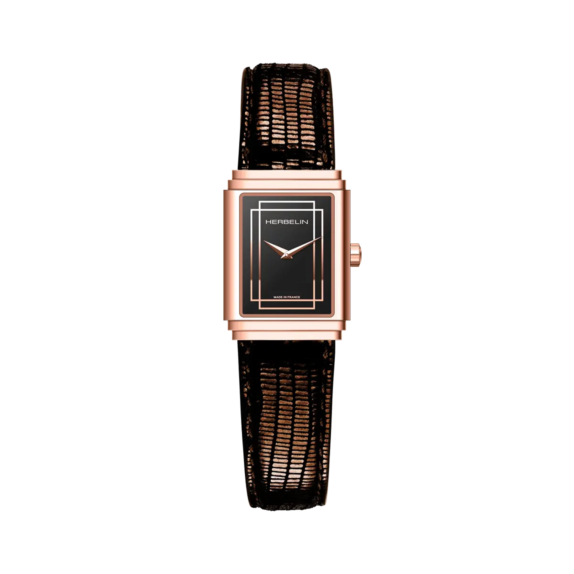 Art Déco, cadran laqué noir, boîtier rectangle acier PVD or rose, bracelet cuir