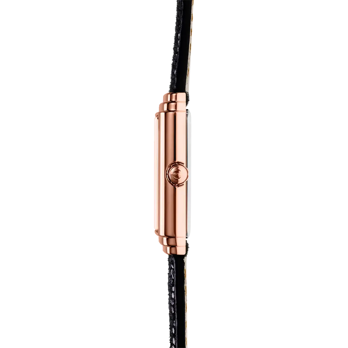 ⁣⁢Vista de perfil, canto de acero PVD oro rosa, corona y asas del brazalete de piel⁤⁣