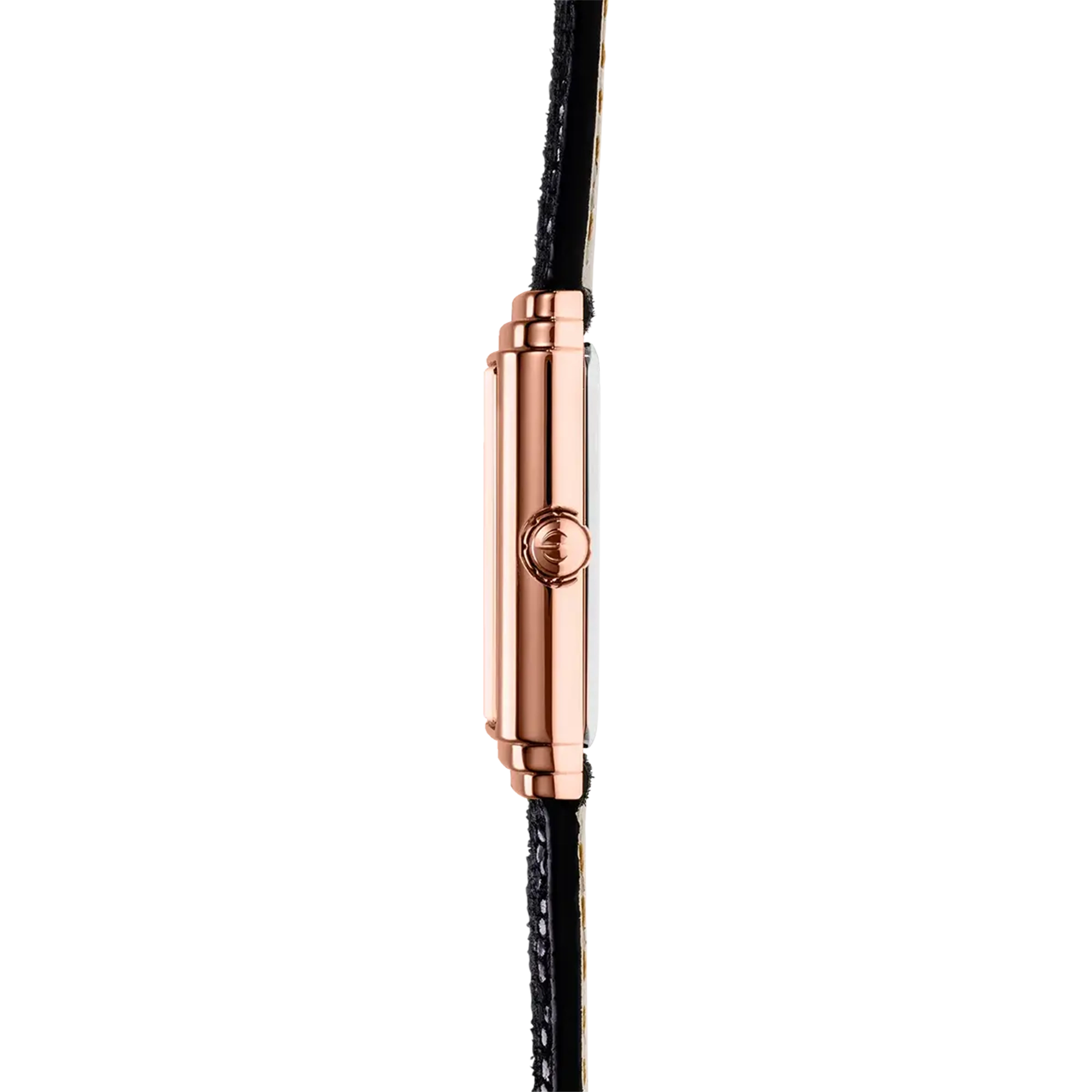 Vue de profil, tranche acier PVD or rose, couronne et attaches du bracelet cuir