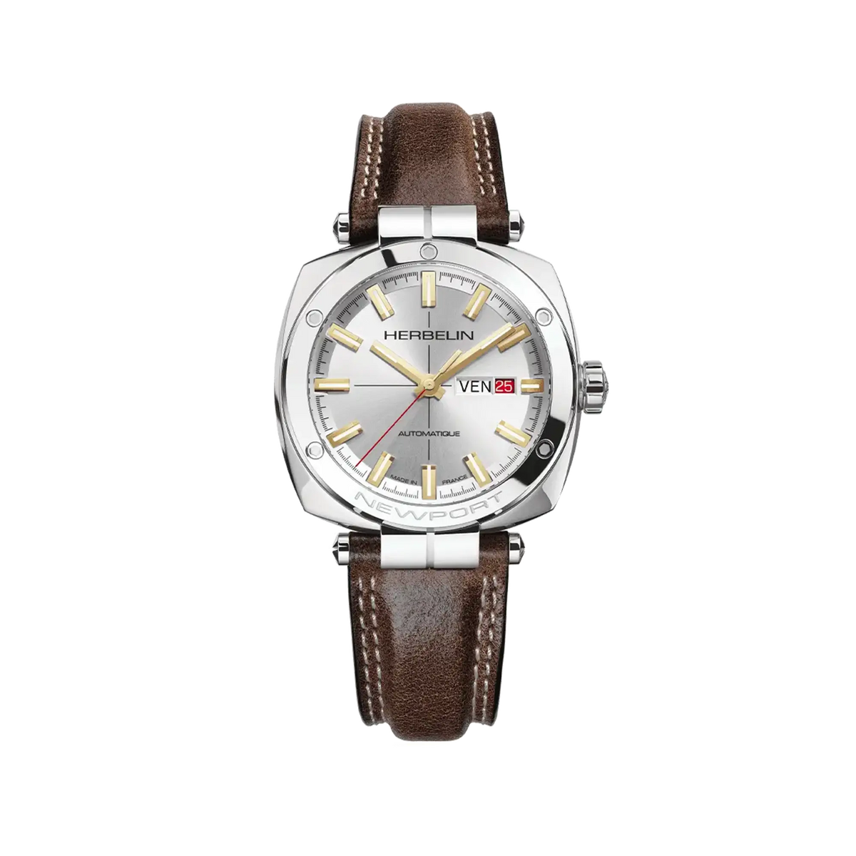 ⁣⁢Newport, quadrante argenté, cassa quadrata in acciaio, cinturino in pelle⁤⁣