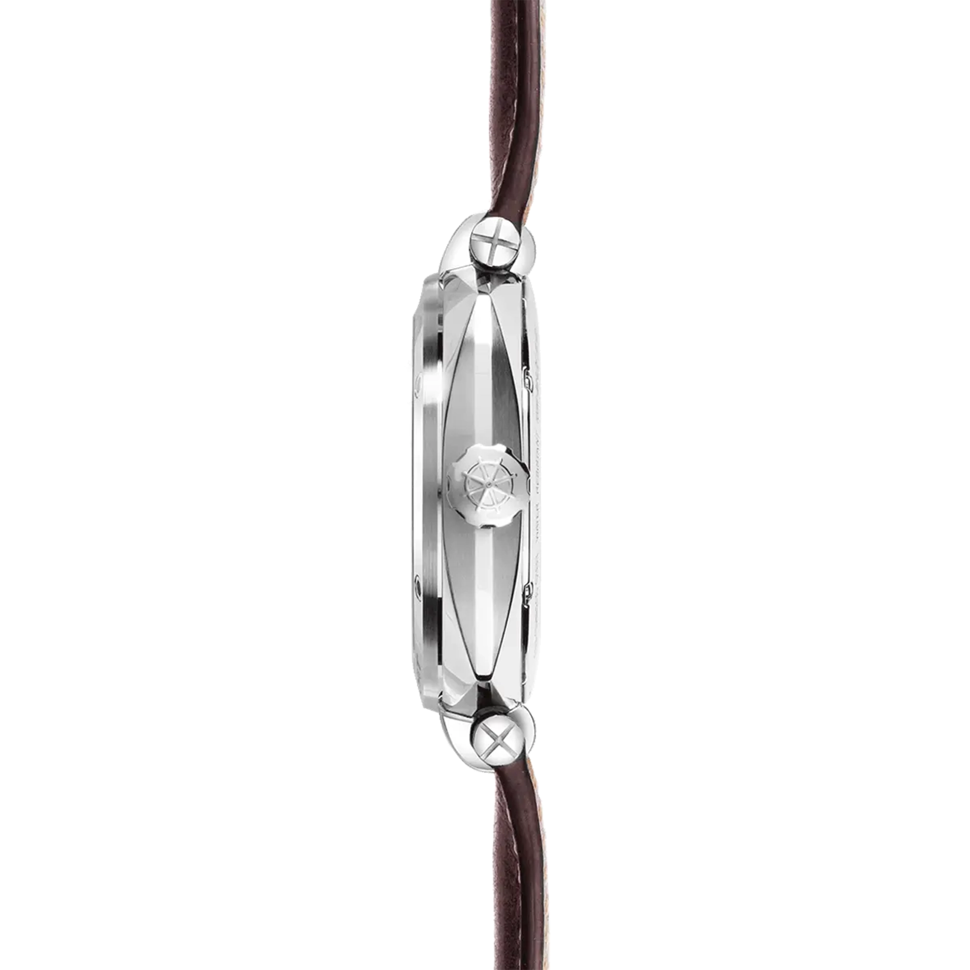 Vue de profil, tranche acier, couronne et attaches du bracelet cuir