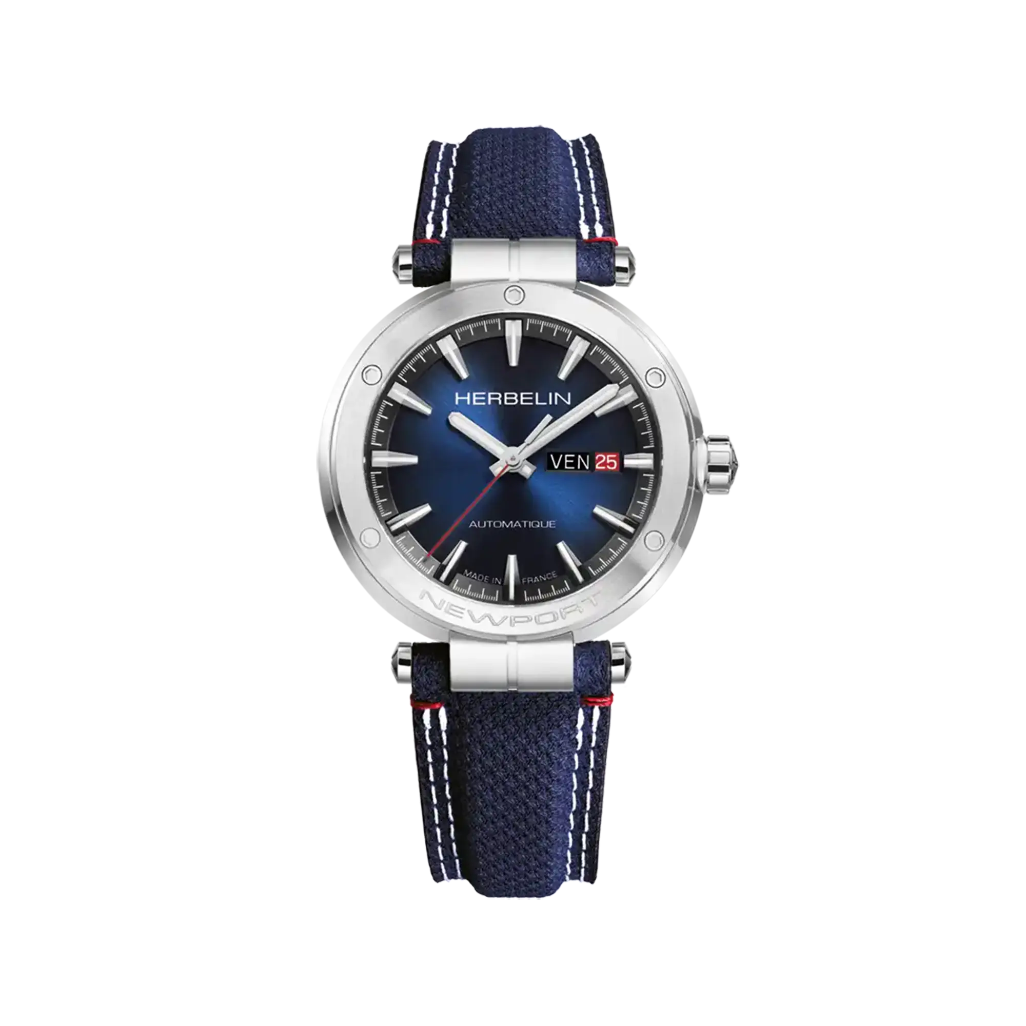 Newport, cadran dégradé noir bleu, boîtier acier rond, bracelet textile