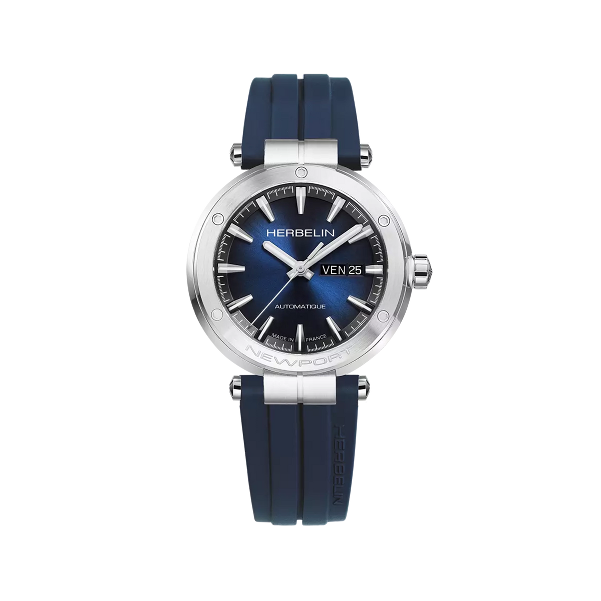 ⁣⁢Newport, quadrante sfumato nero blu, cassa in acciaio rotonda, cinturino in caucciù⁤⁣