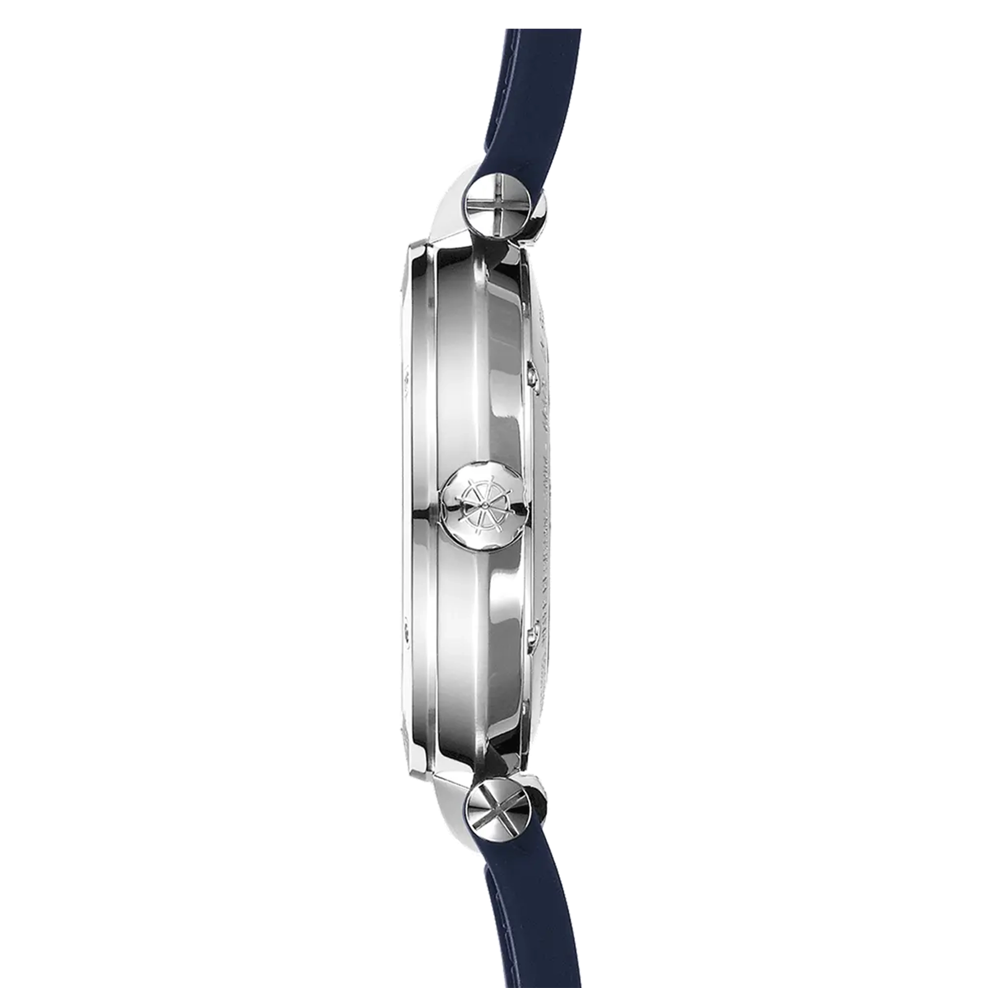 Vue de profil, tranche acier, couronne et attaches du bracelet caoutchouc