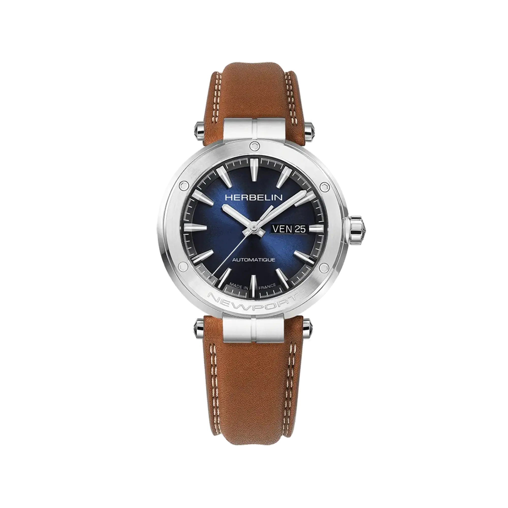 Newport, cadran dégradé noir bleu, boîtier acier rond, bracelet cuir
