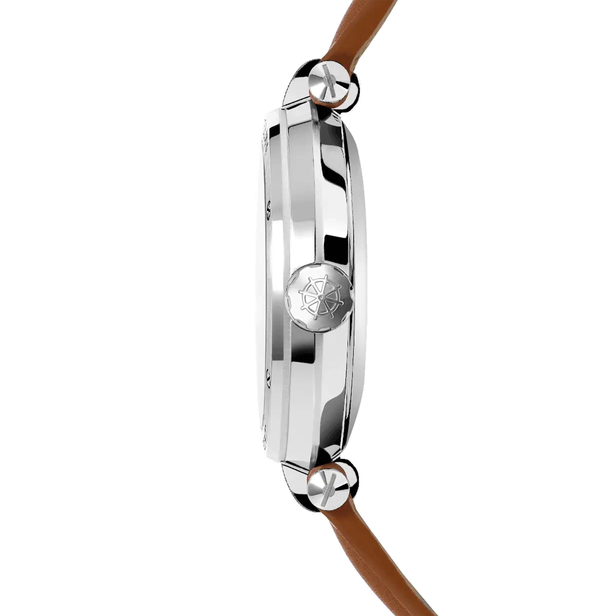 Vue de profil, tranche acier, couronne et attaches du bracelet cuir