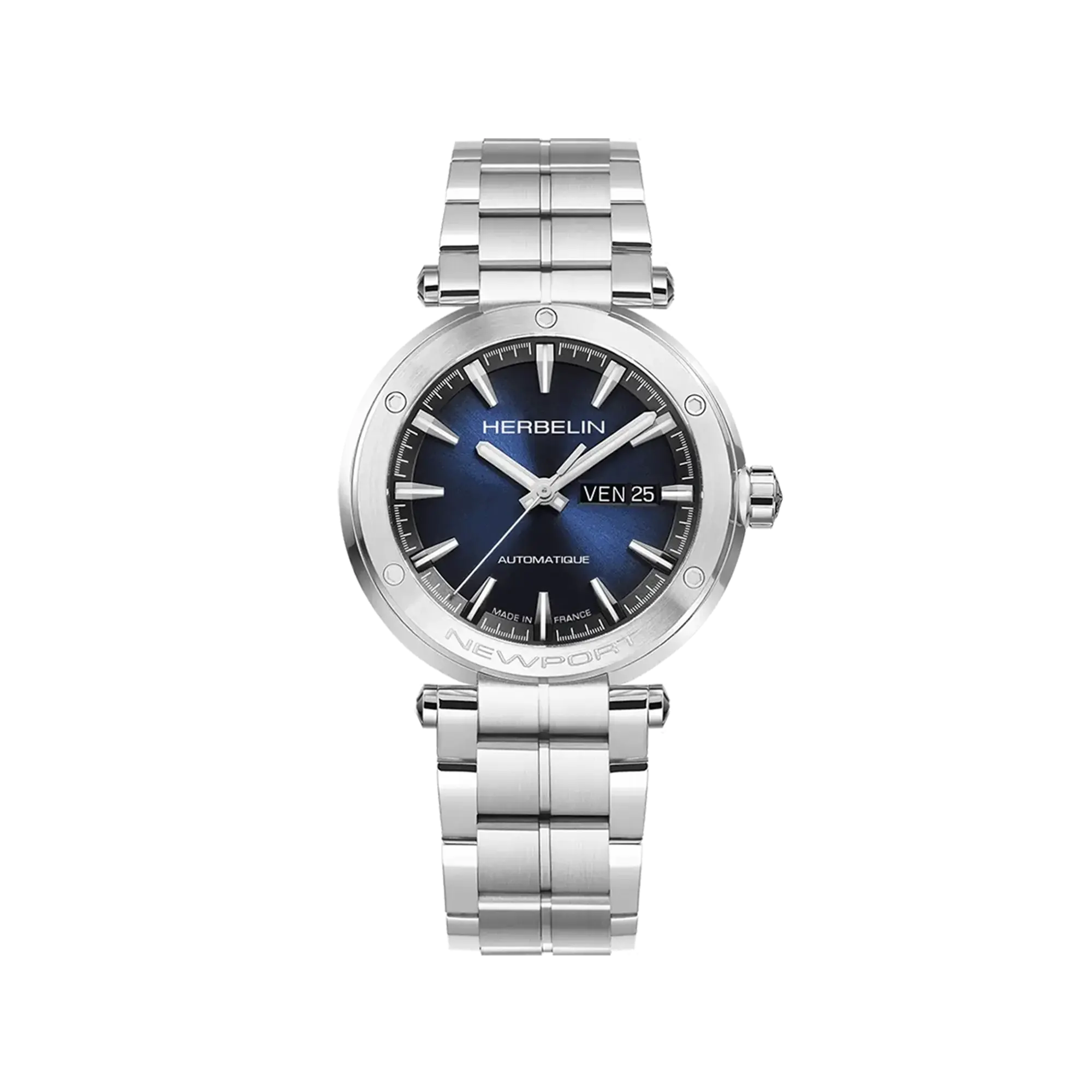 Newport, cadran dégradé noir bleu, boîtier acier rond, bracelet acier