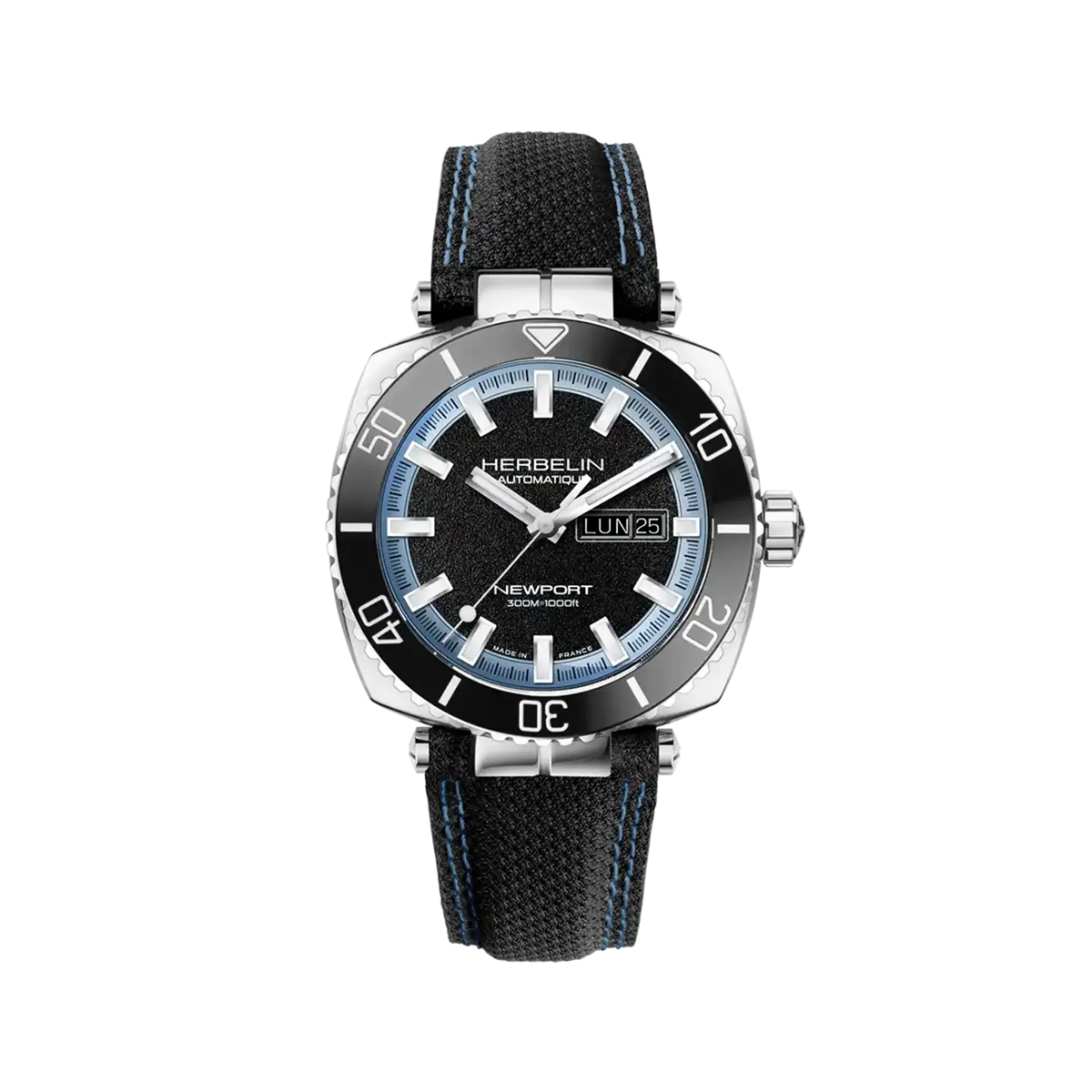 ⁣⁢Newport, quadrante nero opaco, cassa in acciaio quadrata, cinturino in tessuto⁤⁣