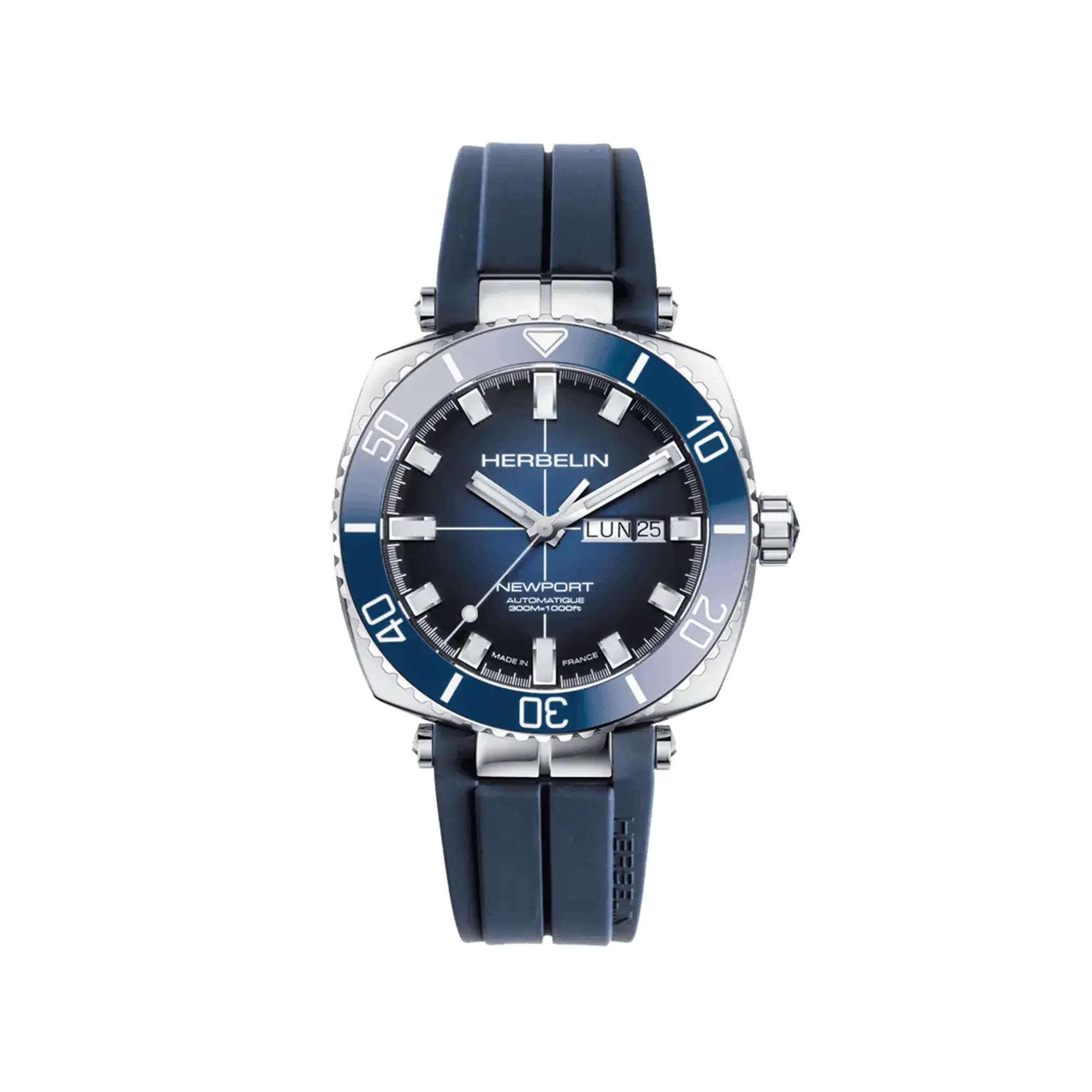 Newport, cadran dégradé noir bleu, boîtier carré acier, bracelet caoutchouc