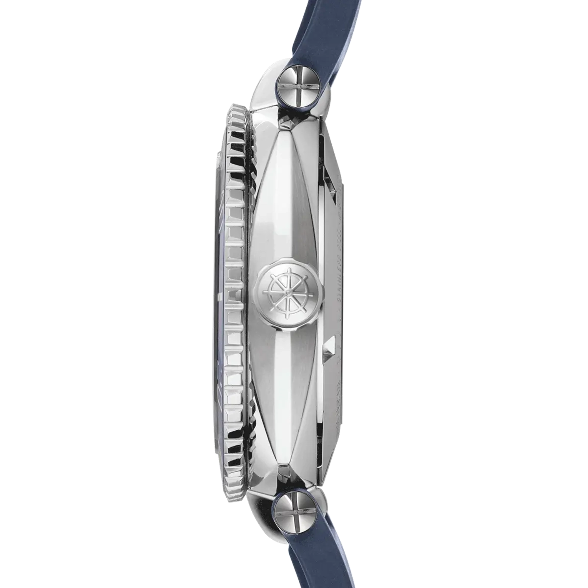 Vue de profil, tranche acier, couronne et attaches du bracelet caoutchouc