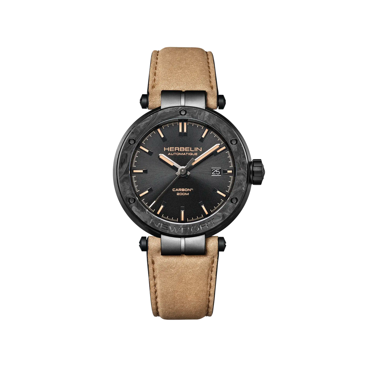 ⁣⁢Newport em carbono, mostrador preto, caixa redonda em titânio, bracelete em pele⁤⁣