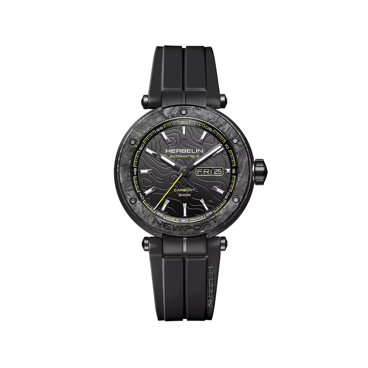 ⁣⁢Newport carbone, cadran décor Route du Rhum, boîtier titane rotondo, bracciale in caucciù⁤⁣