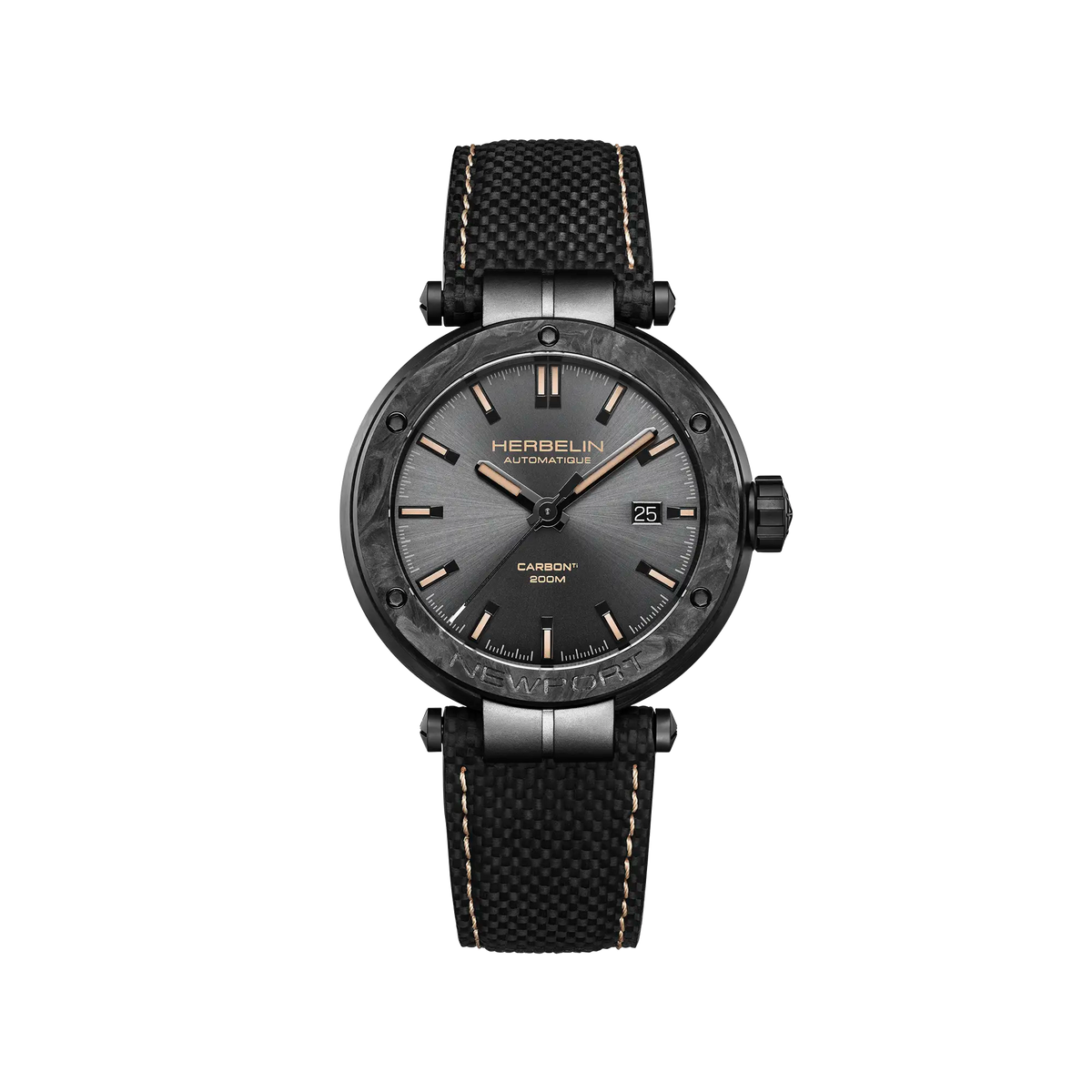 ⁣⁢Newport em carbono, mostrador azul-acinzentado, caixa redonda em titânio, bracelete em pele⁤⁣