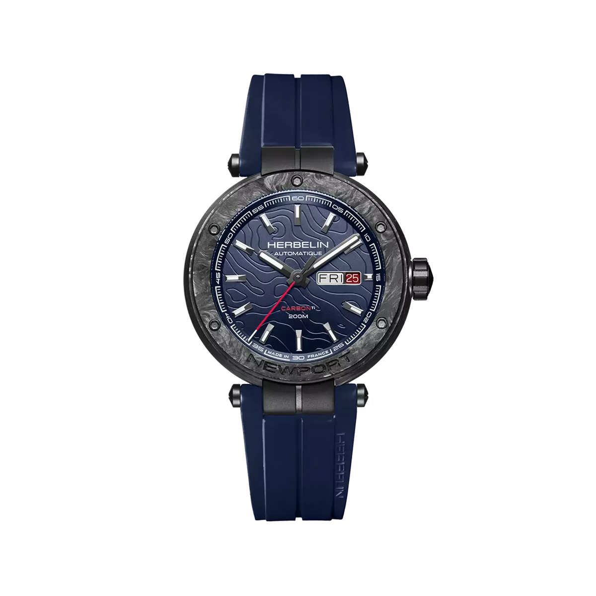Newport carbone, cadran bleu, boîtier titane rond, bracelet caoutchouc