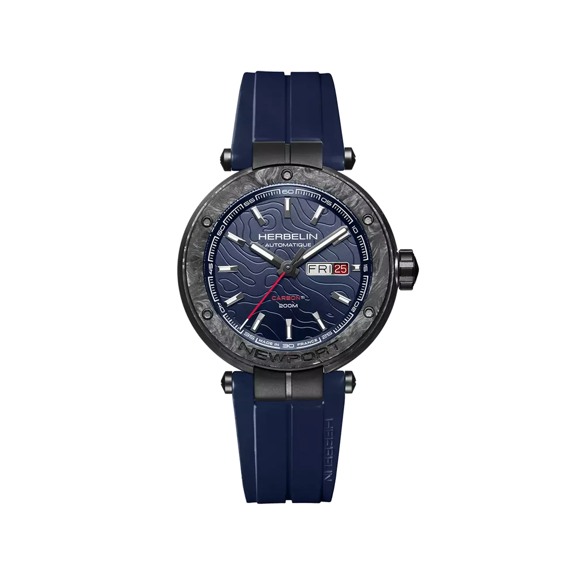 Newport carbone, cadran bleu, boîtier titane rond, bracelet caoutchouc