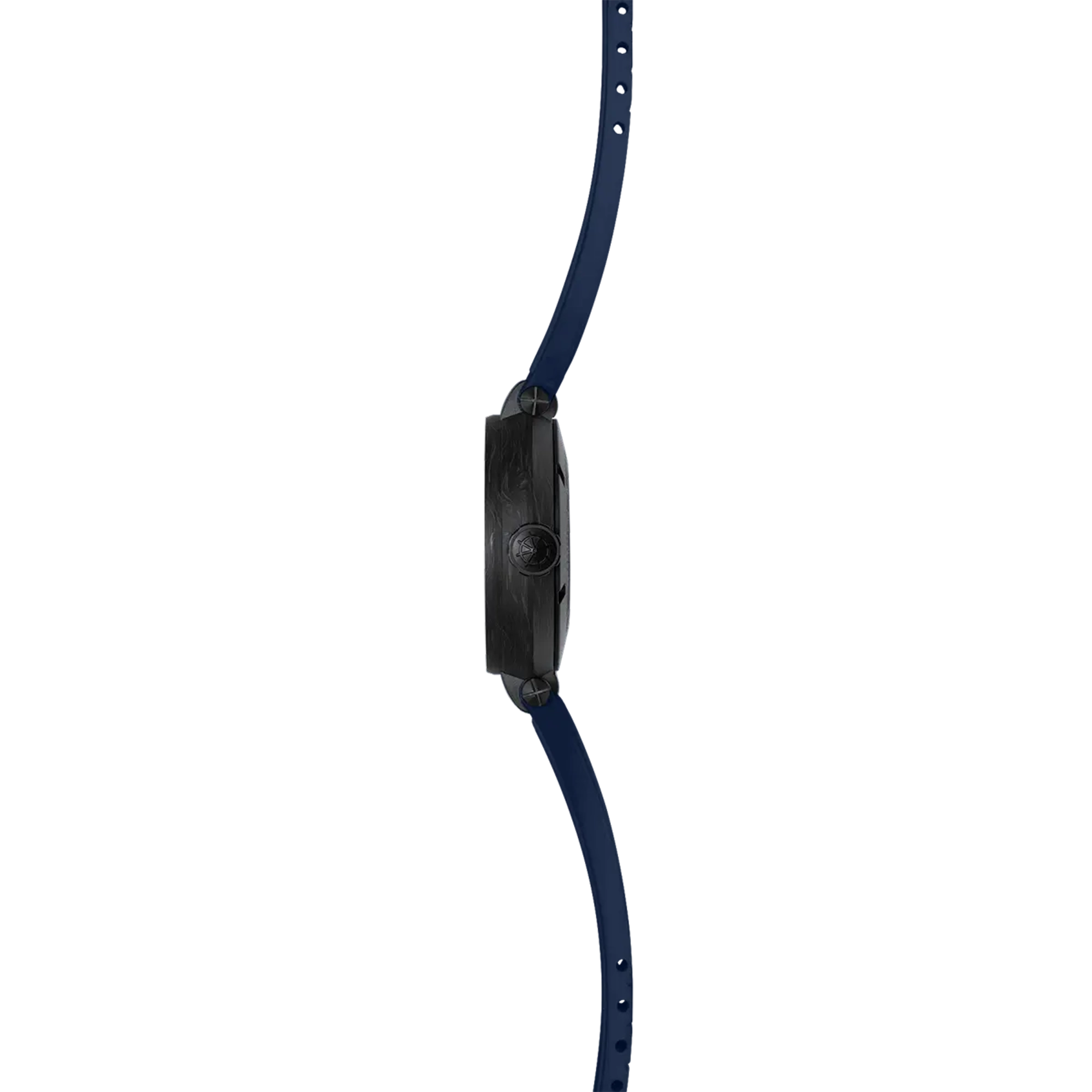 Vue de profil, tranche titane, couronne et attaches du bracelet caoutchouc