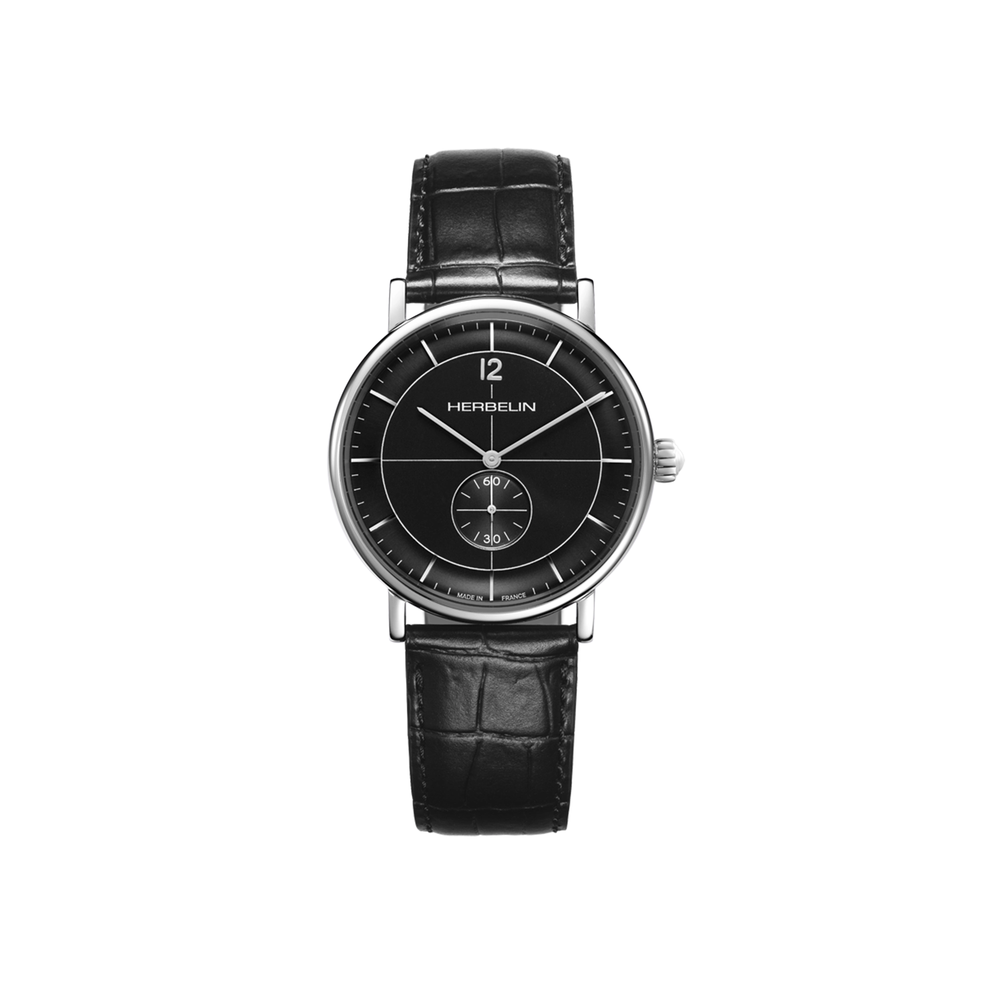 Inspiration, cadran noir, boîtier acier rond, bracelet cuir