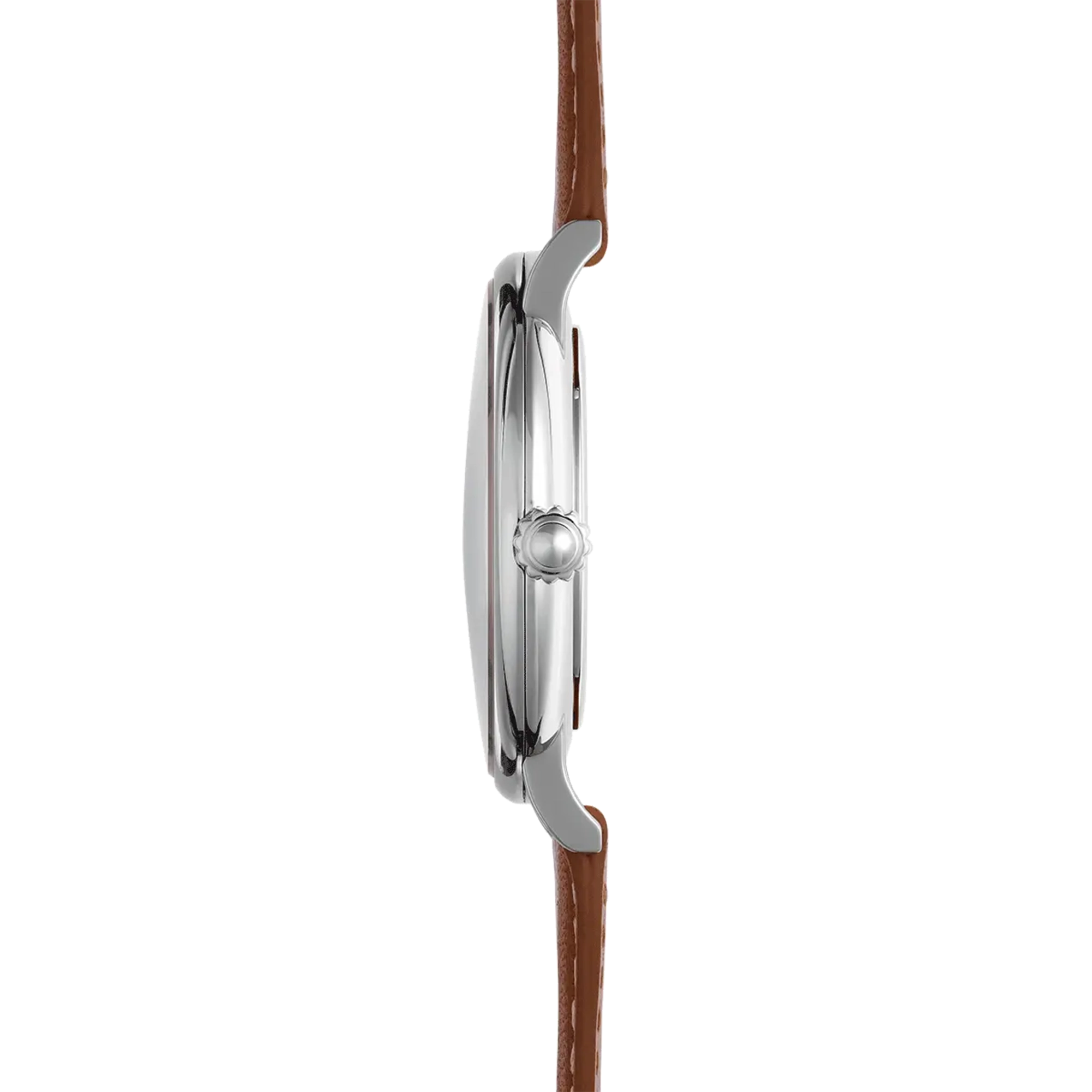 Vue de profil, tranche acier, couronne et attaches du bracelet cuir