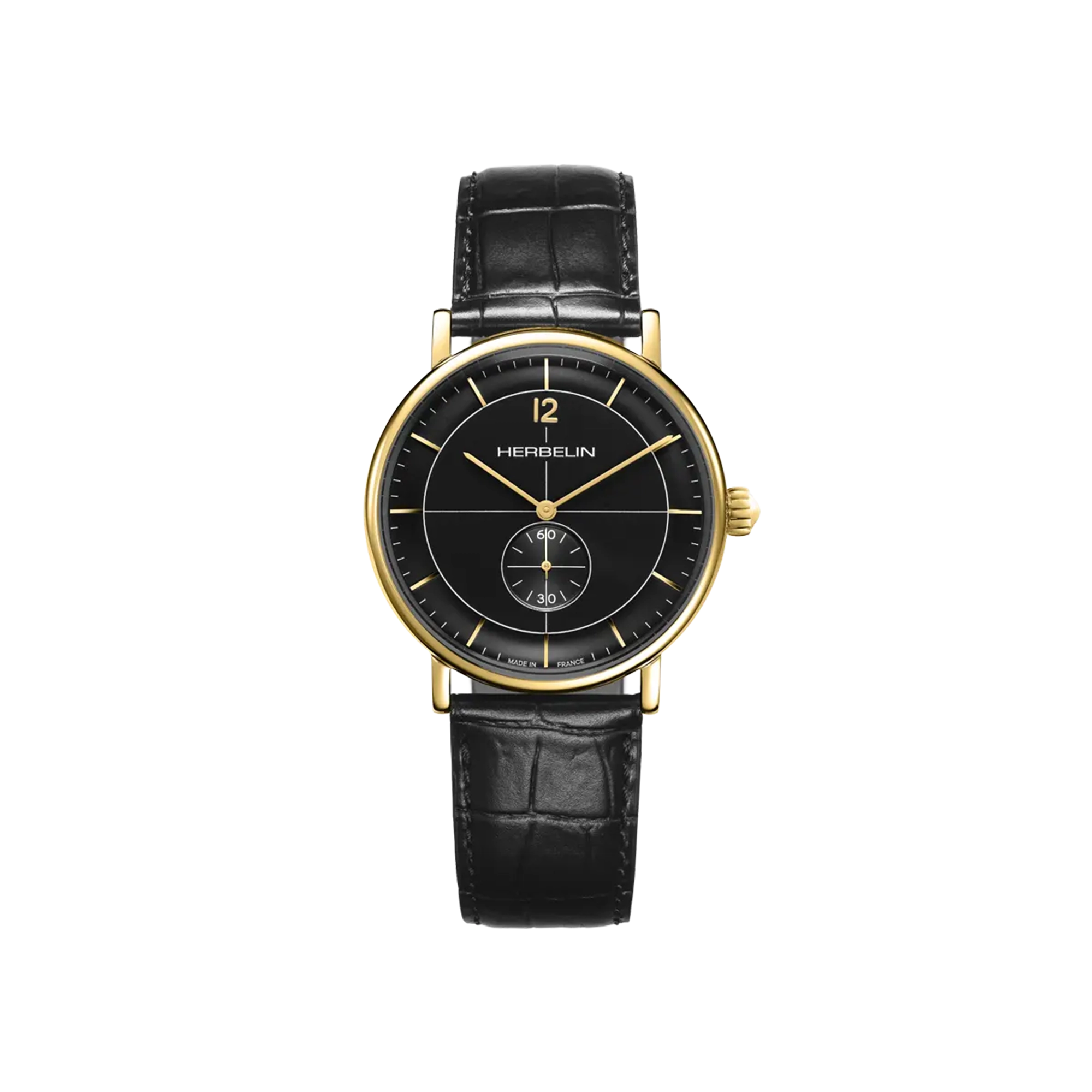 Inspiration, cadran noir, boîtier acier PVD or jaune rond, bracelet cuir