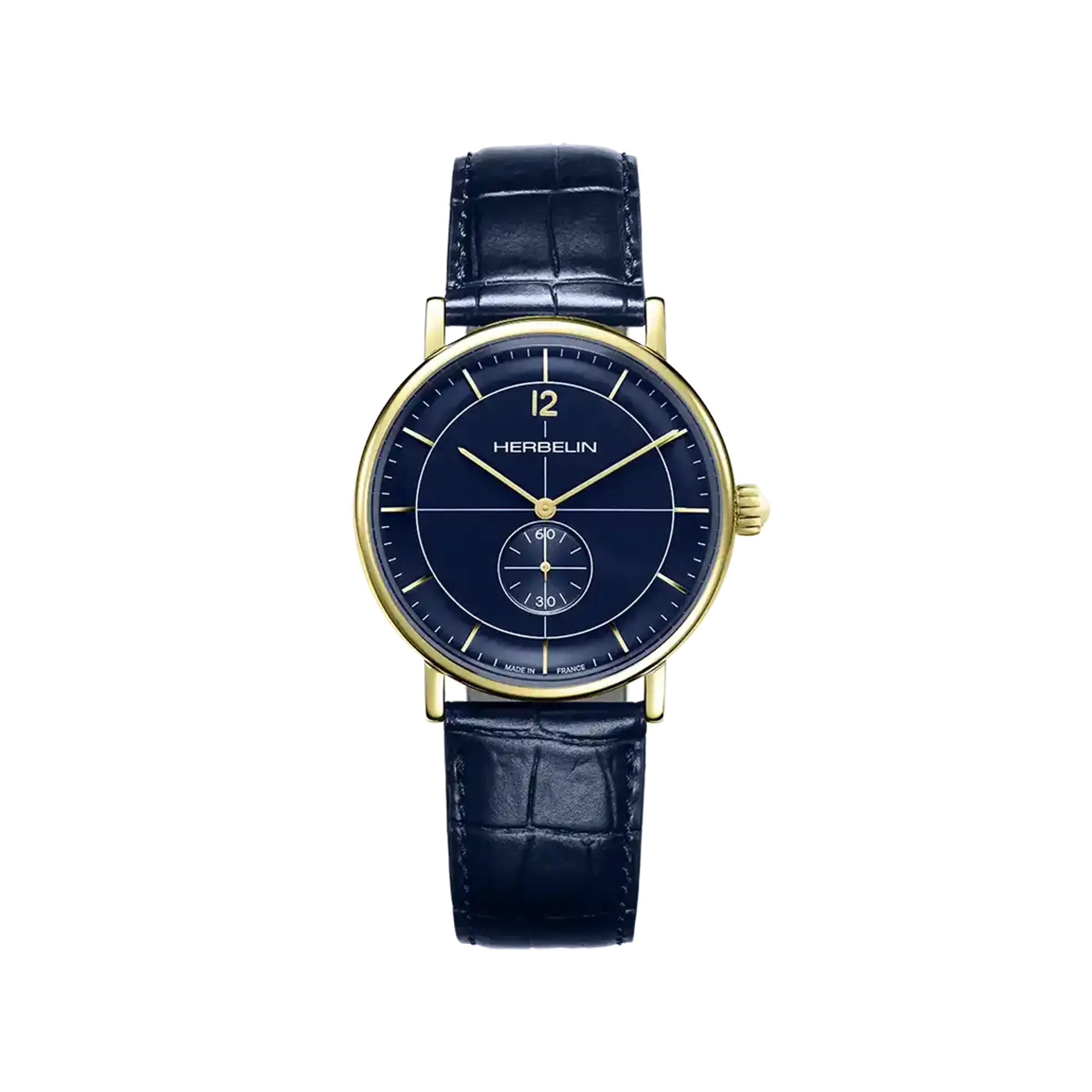 Inspiration, cadran bleu, boîtier acier PVD or jaune rond, bracelet cuir