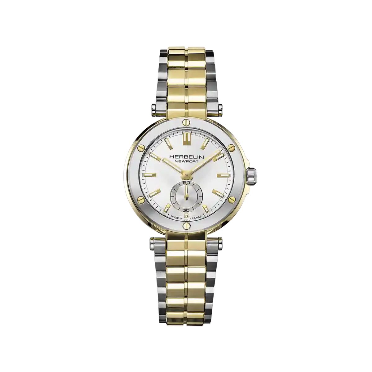 ⁣⁢Newport, quadrante bianco argenté, cassa in acciaio PVD oro giallo rotonda, bracciale in acciaio bicolore⁤⁣